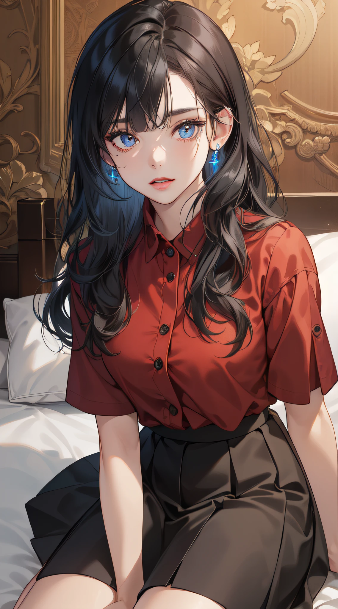 ((absurdres, highres, ultra detailed)), (1girl, mature female, wavy black hair, long hair, blunt bangs, deep blue eyes, red shirt and black skirt), ((((finely detailed eyes and detailed face)))), (sitting on a bed), ((extremely detailed CG unity 8k wallpaper, intricate details))