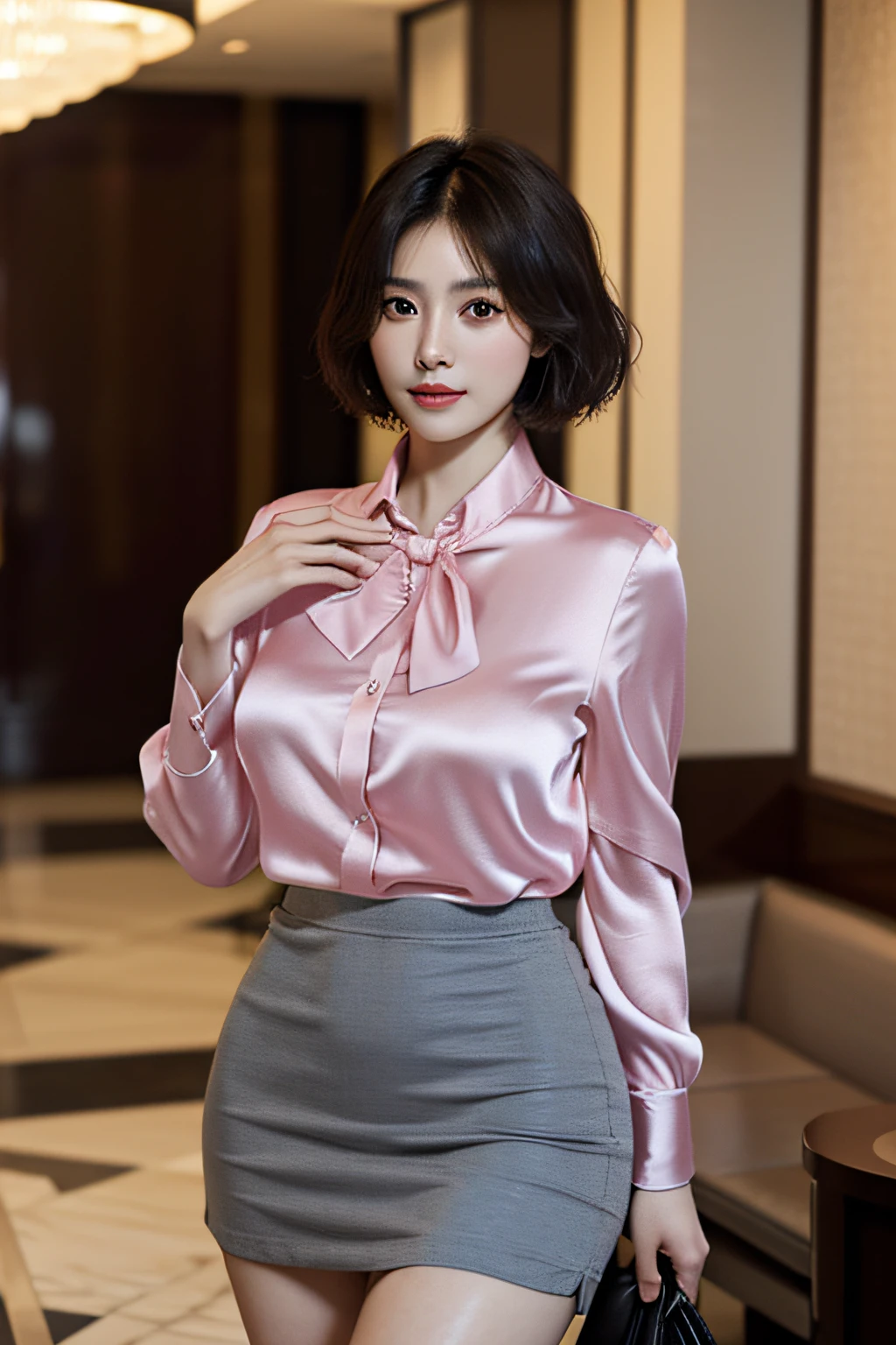 ​masterpiece, top-quality, (extremely detailed photo, 8k wallpaper), 细致Background with, 1womanl、Company Officer、Charming and flawless beauty, 40 years、astonished face、(Elegance)、((Pink Silk Blouse))、(Colossal tits)、((grey miniskirt))、(Curvaceous), (thighs thighs thighs thighs: 1.12)、(Holding nothing in your hands)、(Black short-haired:1.1)、Look at the viewer, (Background with：Lobby of luxury resort hotel)