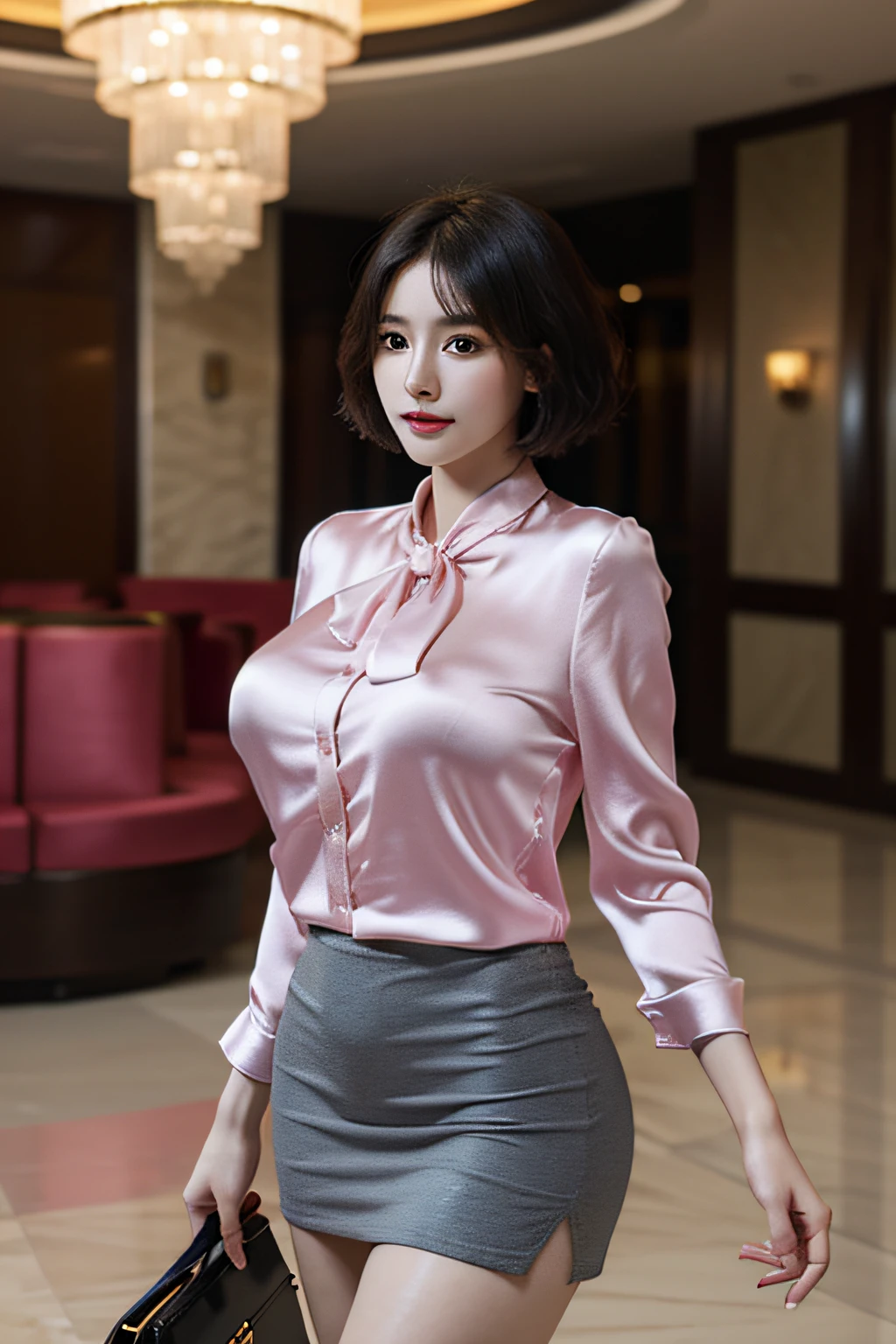 masterpiece, top-quality, (extremely detailed photo, 8k wallpaper), 细致Background with, 1womanl、Company Officer、Charming and flawless beauty, 40 years、astonished face、(Elegance)、((Pink Silk Blouse))、(Colossal tits)、((grey miniskirt))、(Curvaceous), (thighs thighs thighs thighs: 1.12)、(Holding nothing in your hands)、(Black short-haired:1.1)、Look at the viewer, (Background with:Lobby of luxury resort hotel)