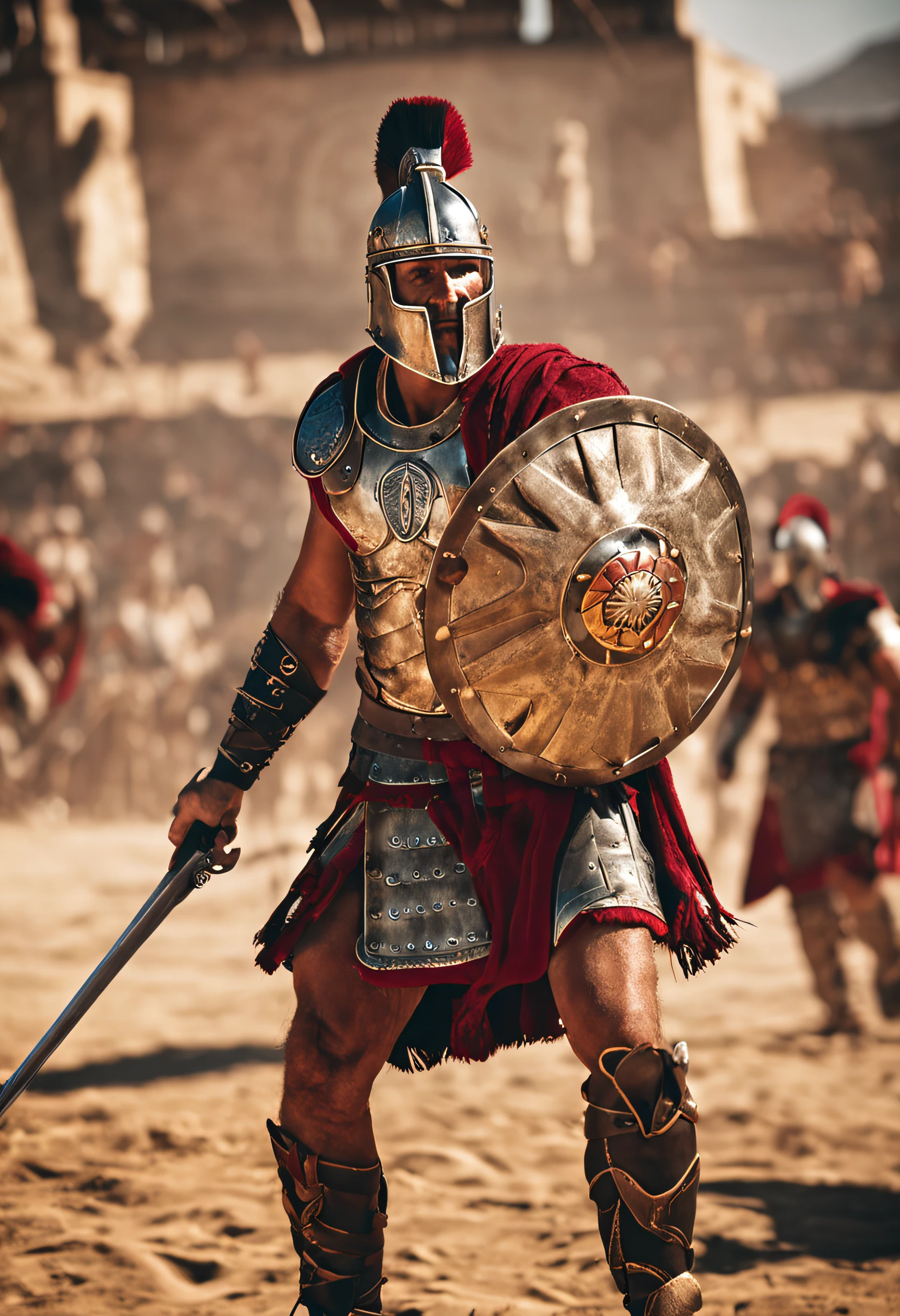Masterpiece, superb, roman soldier wearing a helmet, holding a long sword and shield, standing in the arena, in a fighting stance