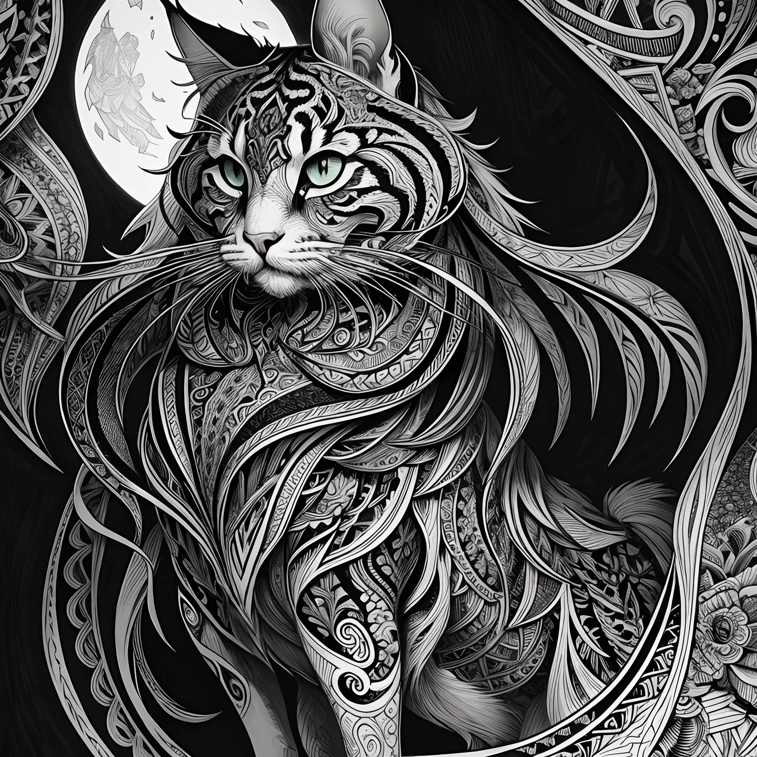 maincoon, black and white, zentangle (best quality) ultra-detailed, fine line drawing, fine line art, coloring book illustration style, intricate linework, highly detailed illustration, perfect composition, beautiful and stunning, dynamic angle, high contrast, incredible shading, incredible detail, unique style, black and white details, (dark and mystical atmosphere), intricate and detailed nature elements.
