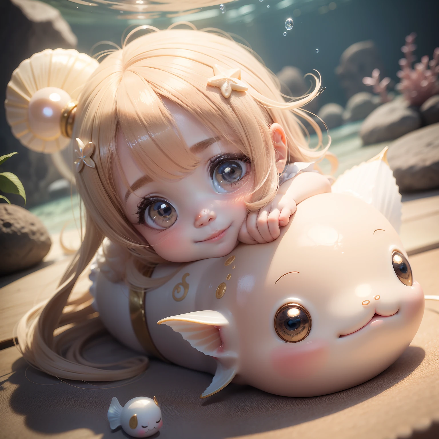 Cute Baby Chibi Anime,Venus,The best smile,scallop,Pearl beige long sauvage hair,Royal Aquarium.