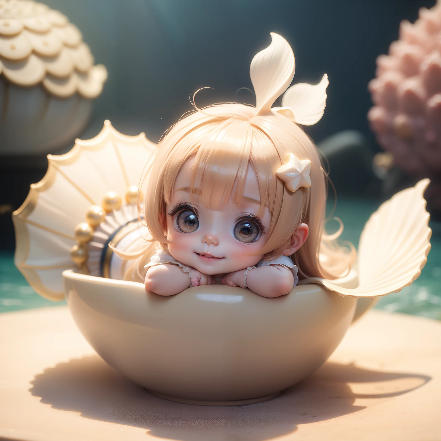 Cute  Chibi Anime,Venus,The best smile,scallop,Pearl beige long sauvage hair,Royal Aquarium.