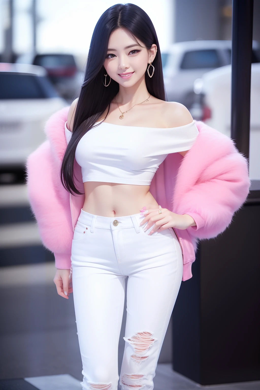 top-quality, 超A high resolution, (Photorealsitic:1.4), 1 beautiful girl, ((Pink short jacket)), ((Off-shoulder white shirt)), ((Excessive low-rise blue denim slim pants)), ((Black pin heels)), (韓国アイドル), (Lustrous black hair), ((Medium straight hair)), (Ideal female body shape), (A slender), FULL BODYSHOT, (ssmile), model shot, Live Stage,