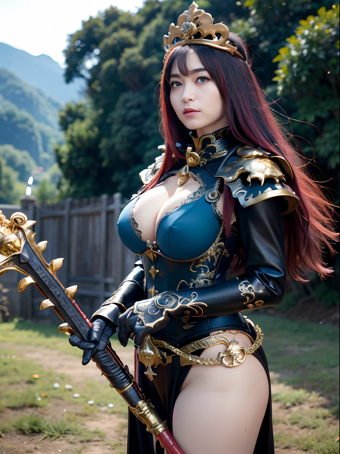 (masutepiece), Professional , ​masterpiece、top-quality、photos realistic , depth of fields 、（Dragon Black Metal Body:1.９),(Matte Blue Black、（cleavage of the breast）、Dragon Gold Weapon（Dragon Metal Body:1.４),Gorgeous gold weapons ,（（ Dragon's dense and gorgeous sword）） , （demonic wings）   ,warhammer 40k , adepta sororitas,Detail and gorgeous crown、（（Red hair））、（Castle background）、（（Gangle's forest background））、Beautiful Caucasian beauty、１a person、dynamic ungle,(((Detailed and ornate Black Dragon Crown)))、Smaller head、A smile、Castle background、Thin and beautiful female hands、cleavage of the breast、Soldier in iron armor on background、Mystical expression、Light Effects、intense fighting、Wind-effect、magic circles、With the legendary magic wand、Dragon's tail、