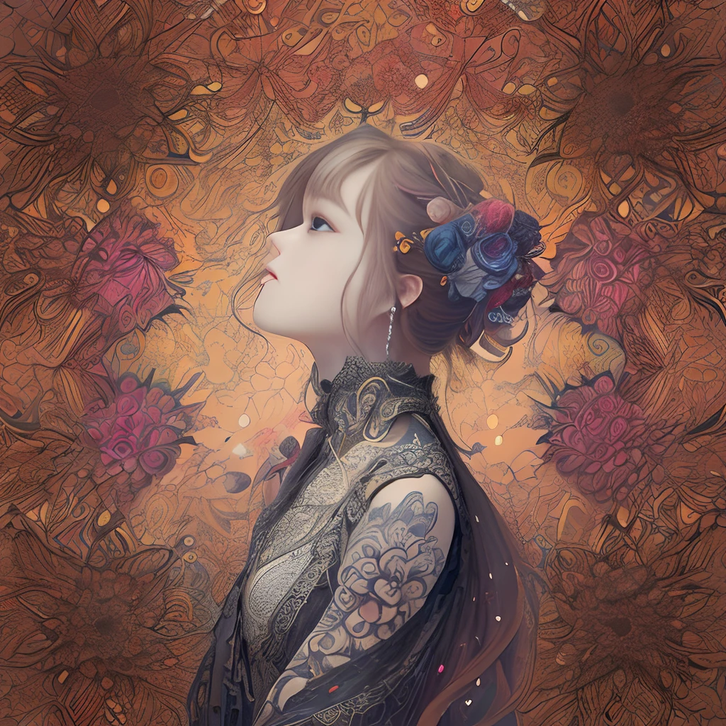 (1girl in、独奏、From an angle)、ighly detailed、(abstract background、Zentangle、Fractal art:1.3)、(many colors、colourfull:1.1)、(pluma、flower petals、florals:1.3)、dynamicposes、耳Nipple Ring