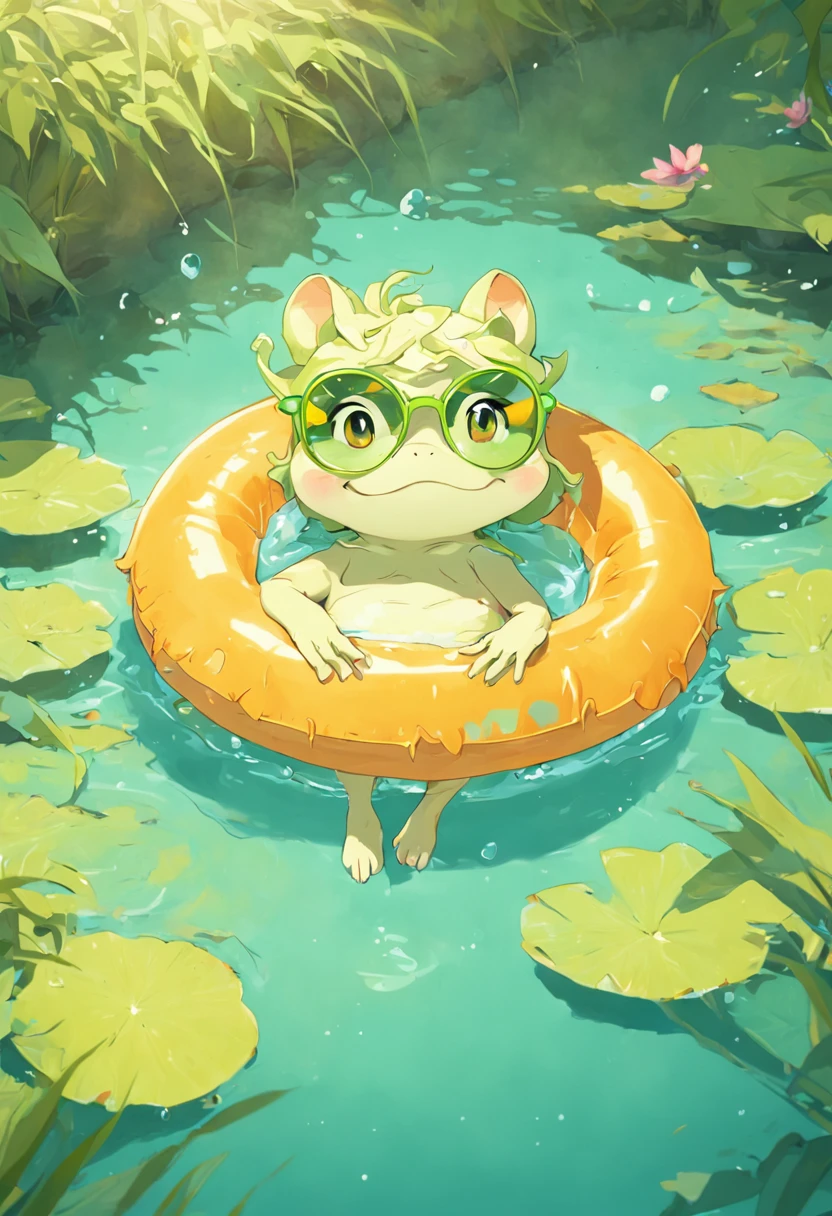 Frog with sunglasses, Lie down in the swimming ring and drink orange juice, In a lotus pond, 3D illustration style, Pastel colors of rococo, Global illumination, Strong sense of sunlight, High detail, 4K