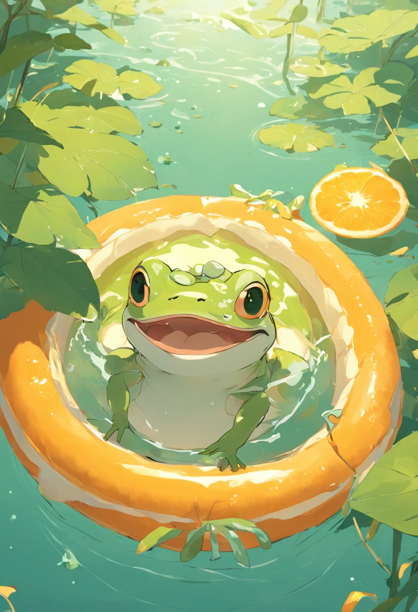 Frog with sunglasses, Lie down in the swimming ring and drink orange juice, In a lotus pond, 3D illustration style, Pastel colors of rococo, Global illumination, Strong sense of sunlight, High detail, 4K