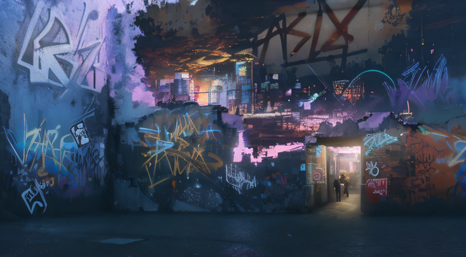 there is a picture of a wall with graffiti on it, digital graffiti landscape, digital art 4k unsettling, city + graffiti background, radiosity rendering, trippy visuals, (((rusty))), futurism aesthetic, insanely, glitched fantasy painting, artistic 4 k, high quality wallpaper, ((oversaturated)), 4k highly detailed digital art, background artwork