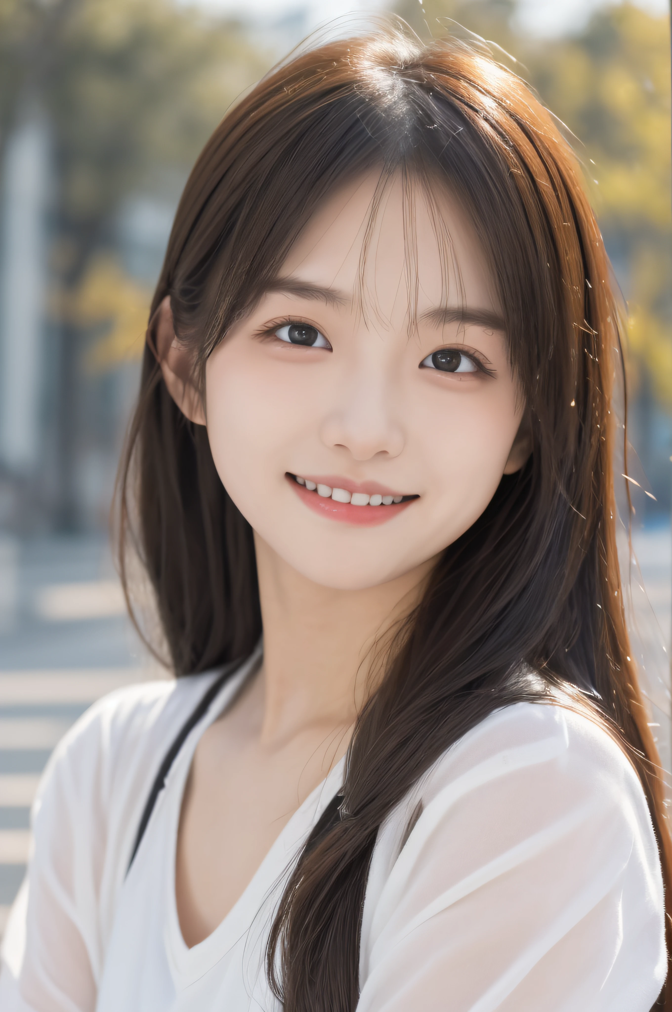 masutepiece, Best Quality, 8K, , Teen, Raw ph absurderes, award winning portrait, Smile, Smile, Solo, Night, neons, Idol face, simple background, (The background is blurry:1.1), Delicate girl, Upper body, Digital SLR, Looking at Viewer, Candid, Sophisticated, zora々Right, Thin arms, Professional Lighting, chromatic abberation, (Eyes and faces with detailed:1.0),