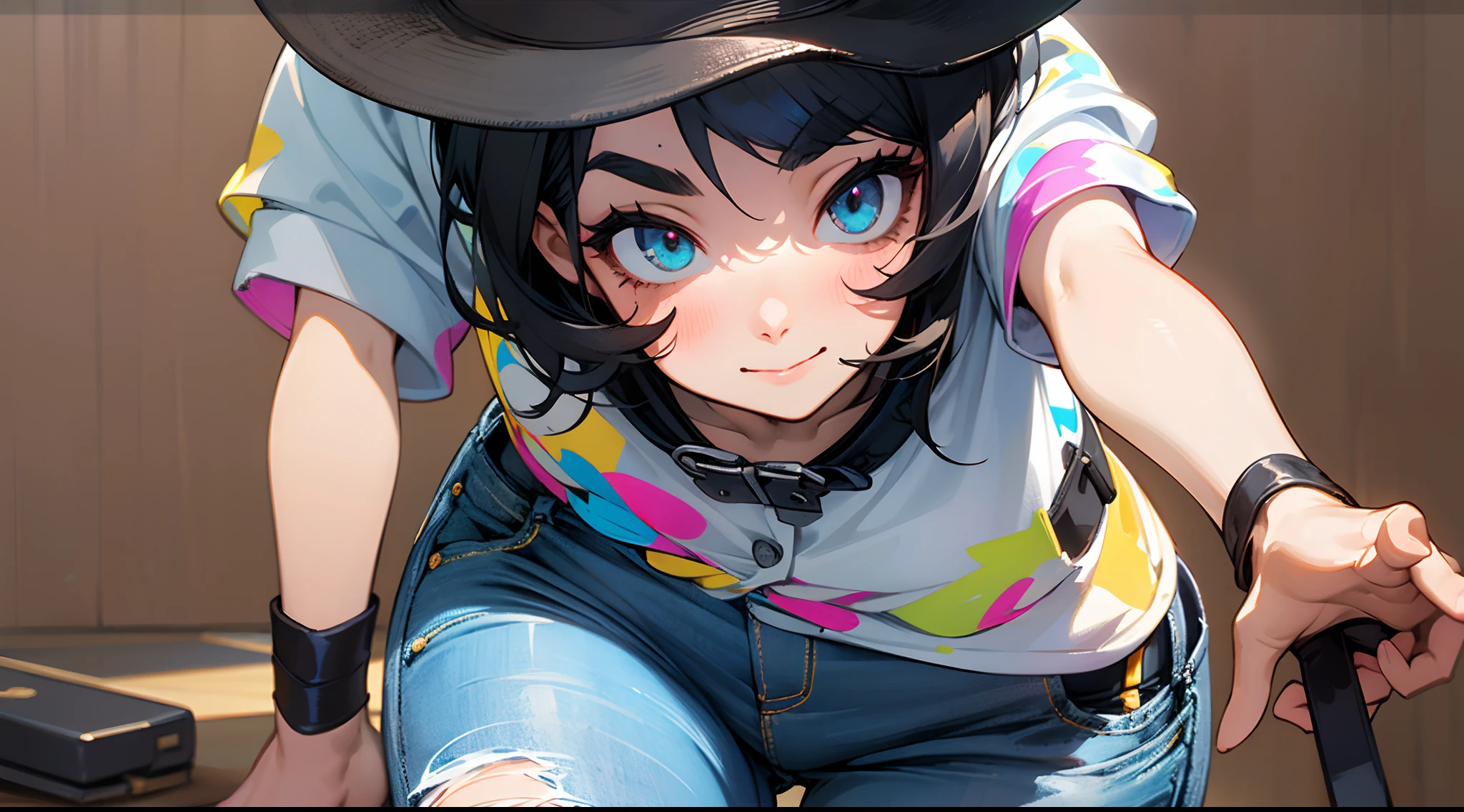 Original Characters、Volume Lighting、Best Shadows、Shallow depth of field、Portrait of an amazingly beautiful girl、Delicate beautiful attractive face with petite and seductive eyes、Messily painted face、Sharp Eyebrows、huge smile、Girl doing muscle training、Shortcut black hair、Blush Eyeshadow、Dark eyelashes、Applejack Hat、Oversized Pop Jacket、Mini Underbob T-Shirt、Open belly button、Slim waist、Denim Jeans Pants、with buckle belt、Background Gym、standingn、(top-quality、Superb Detail:1.25)、(独奏:1.3)、Brilliant Colorful Paintings