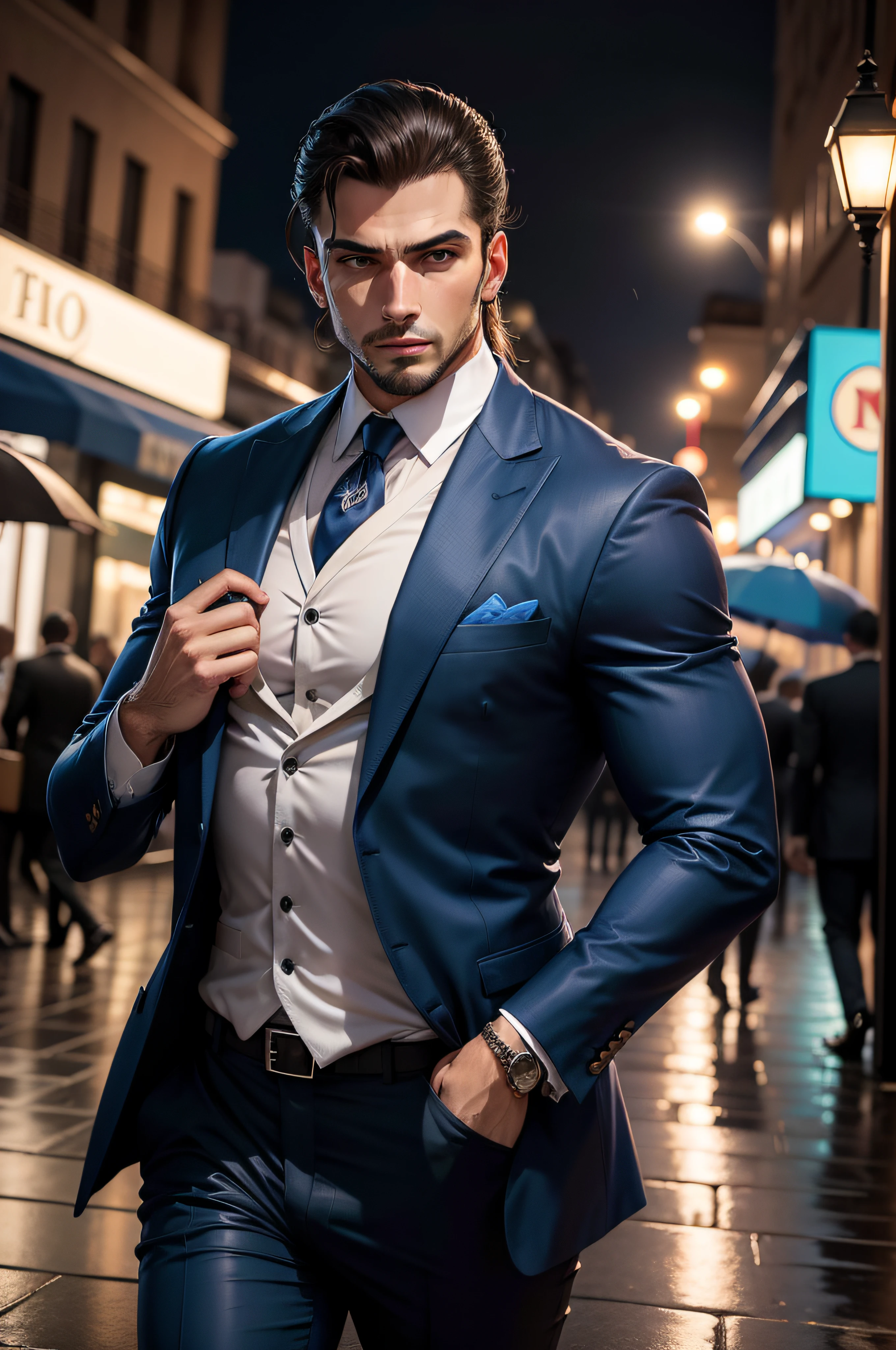 Homem super elegante, estilo mafia. Um terno azul marinho, em uma rua movimentada a noite em dia de chuva.