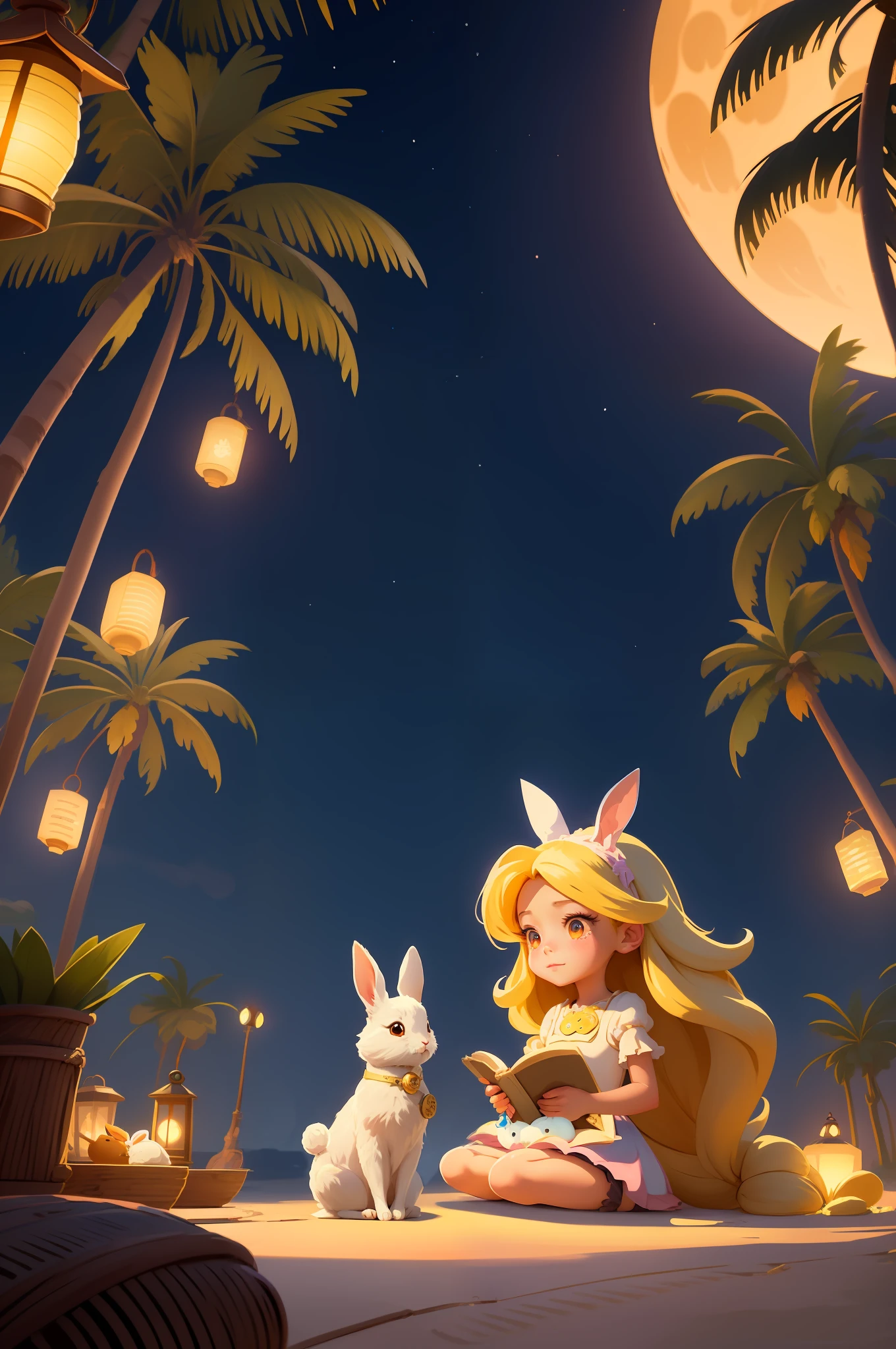 Anime girl sitting on the ground，Hold a rabbit and a lantern, Cute detailed digital art, style of disney animation, disney artstyle, disney artstyle, Stylized concept art, lovely digital painting, magical fantasy 2 d concept art, Fantasy art style, fairy-tale illustration style, disney splash art, Game illustration, childrens art in artstation, Rosla global lighting