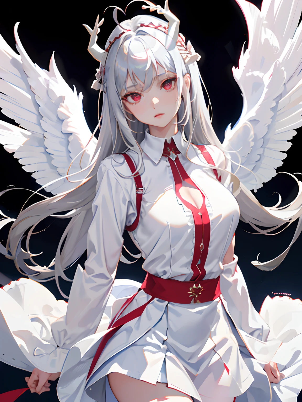 ((masterpiece, best quality)), (1girl), (solo), (female focus), (ahoge, silver hair, long hair), red eyes, ((white shirt), (buttoned shirt)), ((white skirt), (short skirt)), standing, white background, arms behind back, four angel wings on the waist, deer horns, glowing eyes, cold facial expression, crown on head, large breasts