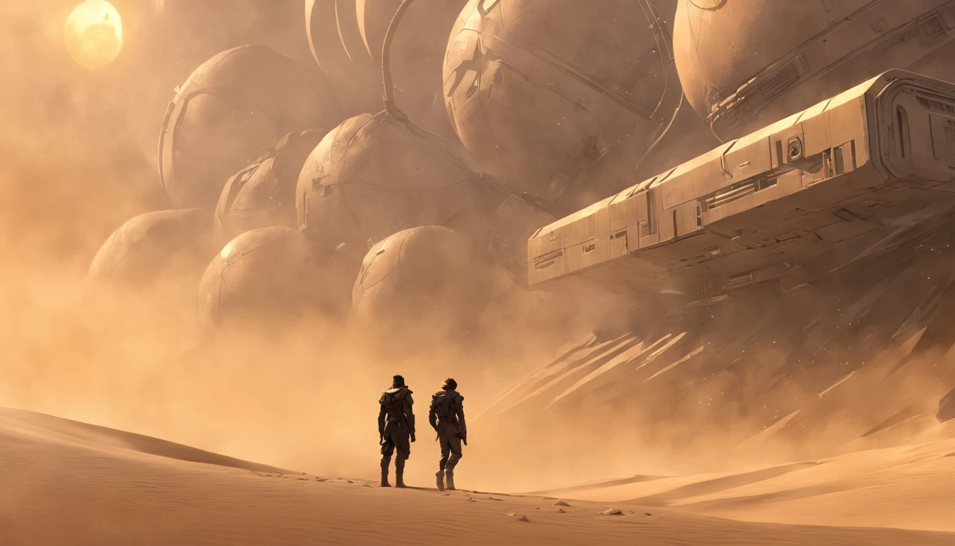 Dune sci-fi scene，Geometric complex as the background，huge buildings，There are many ships in the air，Size contrast，crowd of，Soldiers versus soldiers，Big scenes of war，smog，Explosive effect，Fine 8K，vray，Wasteland Science Fiction