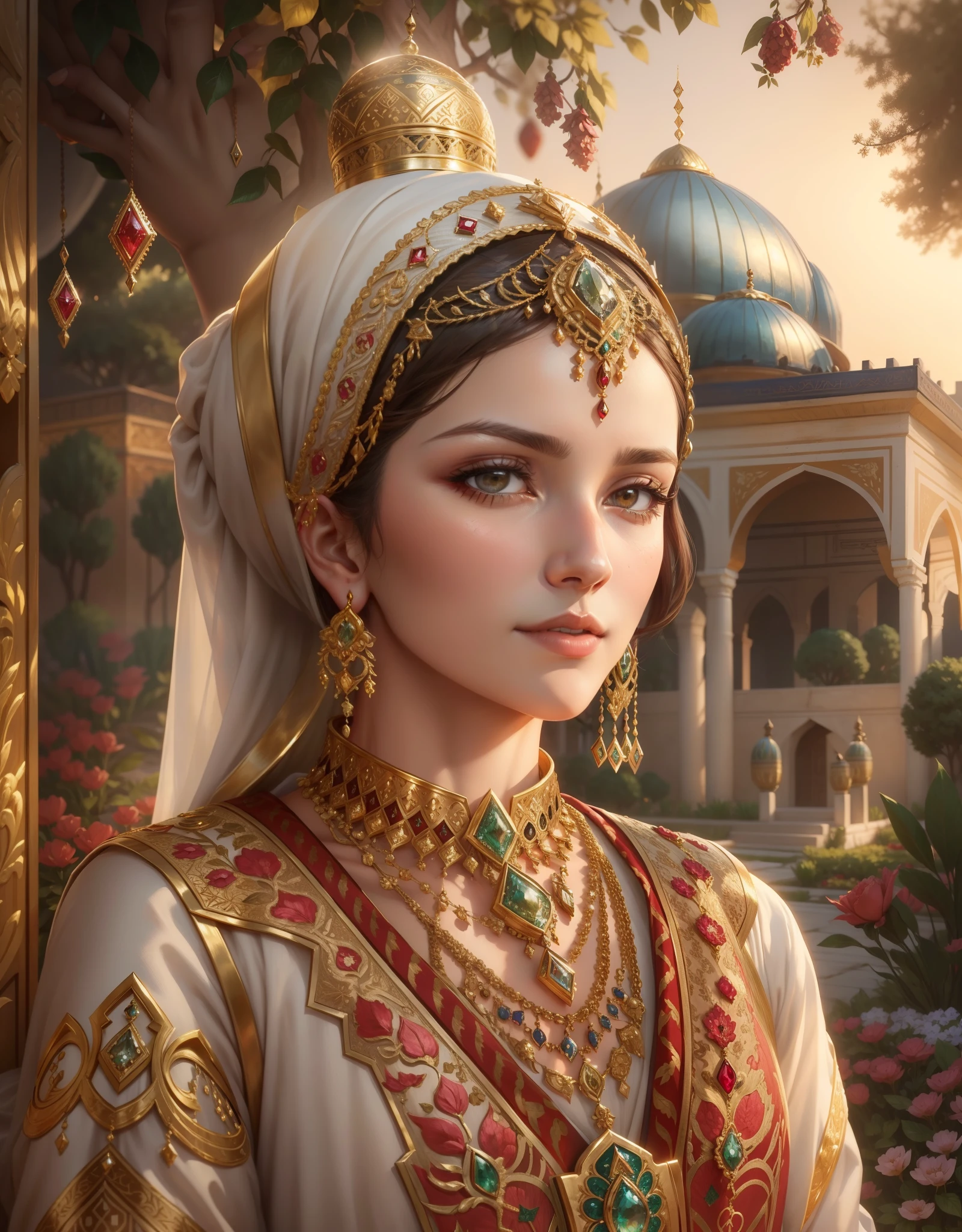 1 Ottoman Haseki Woman, golden jewelery, Ancient Ottoman Empire, shiny fabrics, embroidery, Masterpiece, portraite of a, a closeup of a, gems, In the background you can see the garden of the Turkish palace, radiance, shiny pollen, Elegantly, filigree, Cinematic, 4k