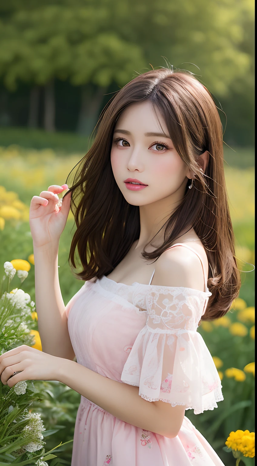 masutepiece, Best Quality, Illustration, Ultra-detailed, finely detail, hight resolution, 8K Wallpaper, Perfect dynamic composition, Beautiful detailed eyes, doress,Medium Hair, mid-chest, Natural Color Lip, Random and sexy poses, standing in the flower field. wearing a barbie pink dress.