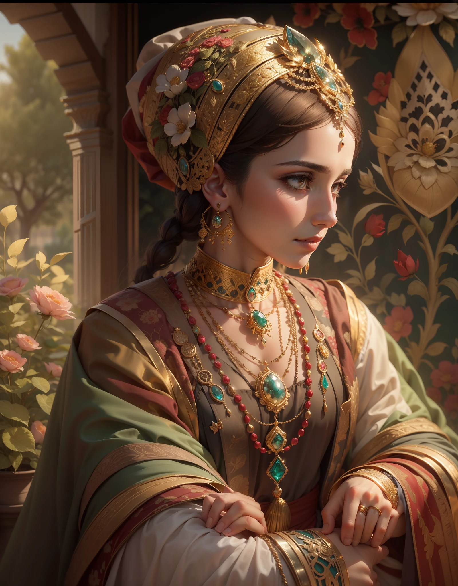 1 Ottoman Haseki Woman, golden jewelery, Ancient Ottoman Empire, shiny fabrics, embroidery, Masterpiece, portraite of a, a closeup of a, gems, In the background you can see the garden of the Turkish palace, radiance, shiny pollen, Elegantly, filigree, Cinematic, 4k