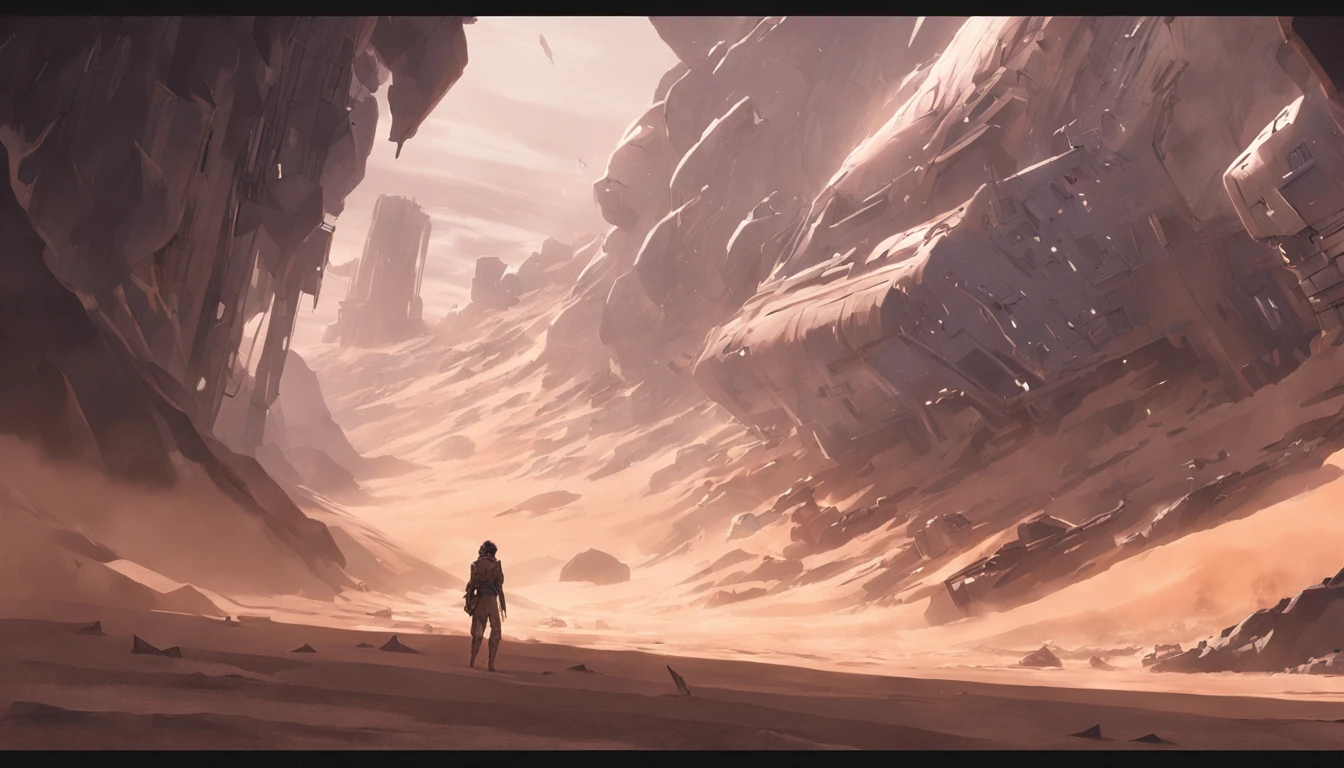 Dune sci-fi scene,Geometric complex as the background,huge buildings,There are many ships in the air,Size contrast,crowd of,Soldiers versus soldiers,Big scenes of war,smog,Explosive effect,Fine 8K,vray,Wasteland Science Fiction