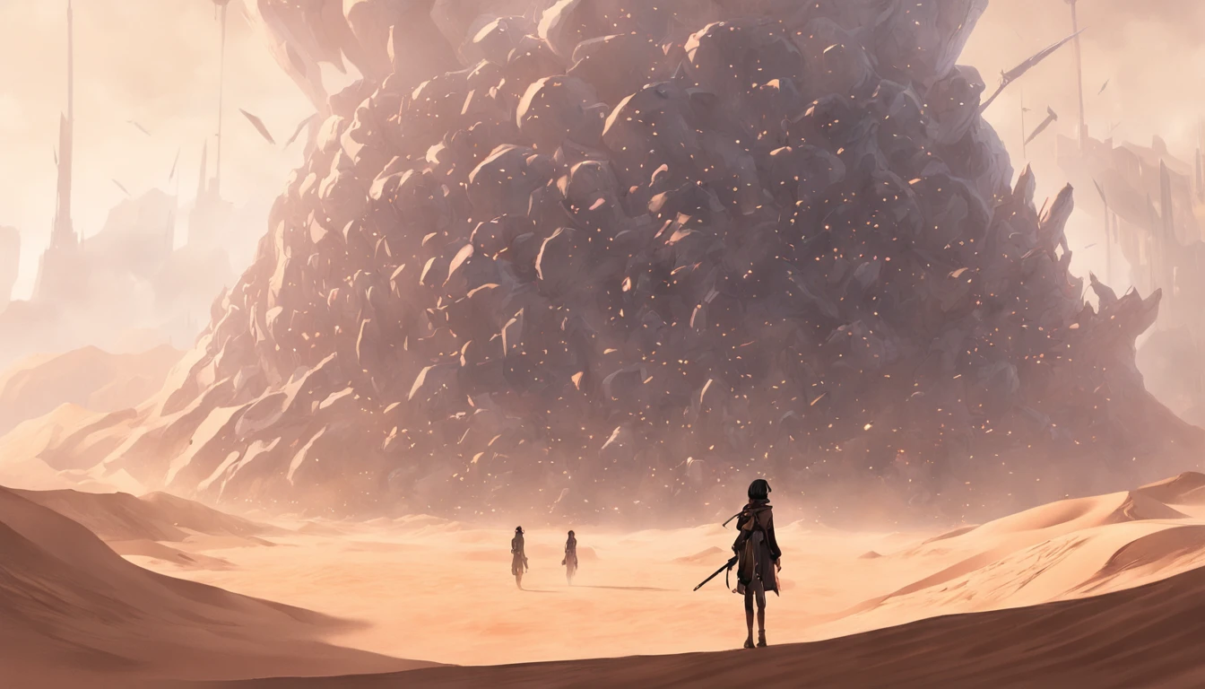 Dune sci-fi scene,Geometric complex as the background,huge buildings,There are many ships in the air,Size contrast,crowd of,Soldiers versus soldiers,Big scenes of war,smog,Explosive effect,Fine 8K,vray,Wasteland Science Fiction
