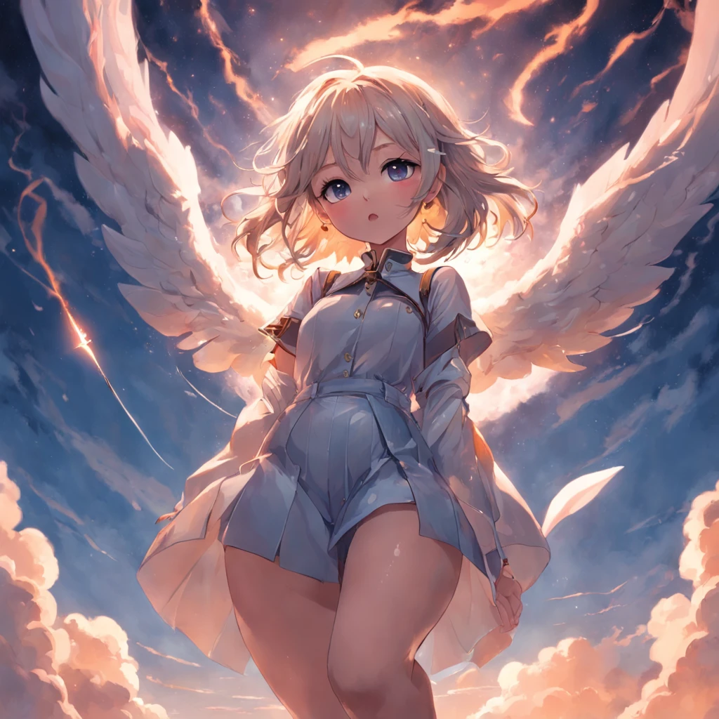 japanese anime style。illustratio。Dark Fantasy。White feathers。girl with。a blond。undergarment。natta。battle field。Colossal tits。pubick hair。teats。a miniskirt。A little angry。crouching down。Open crotch。