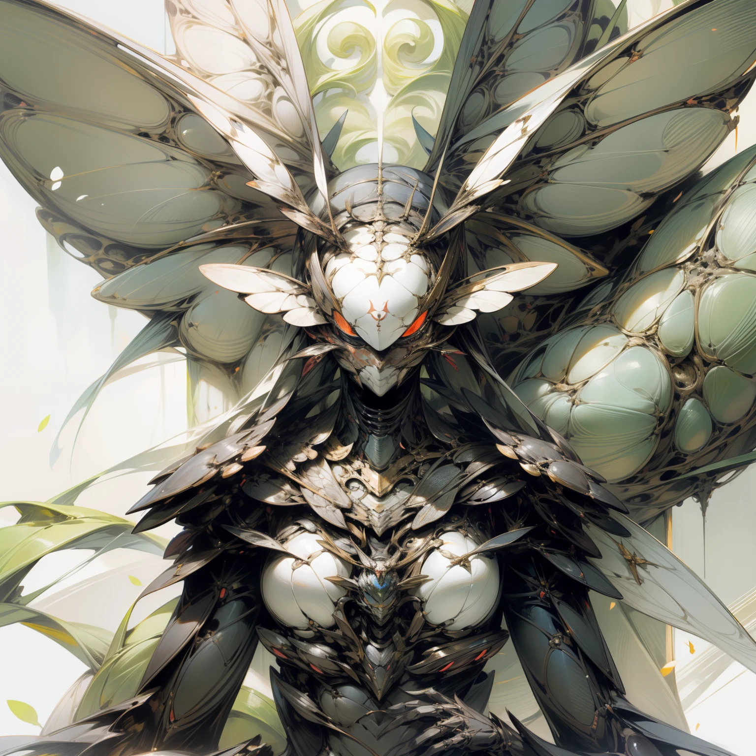 Insect humans、Semi-woman、eery、kook、Fine modeling of cicada faces、compound、Insect face、Slender body、Spread wings、