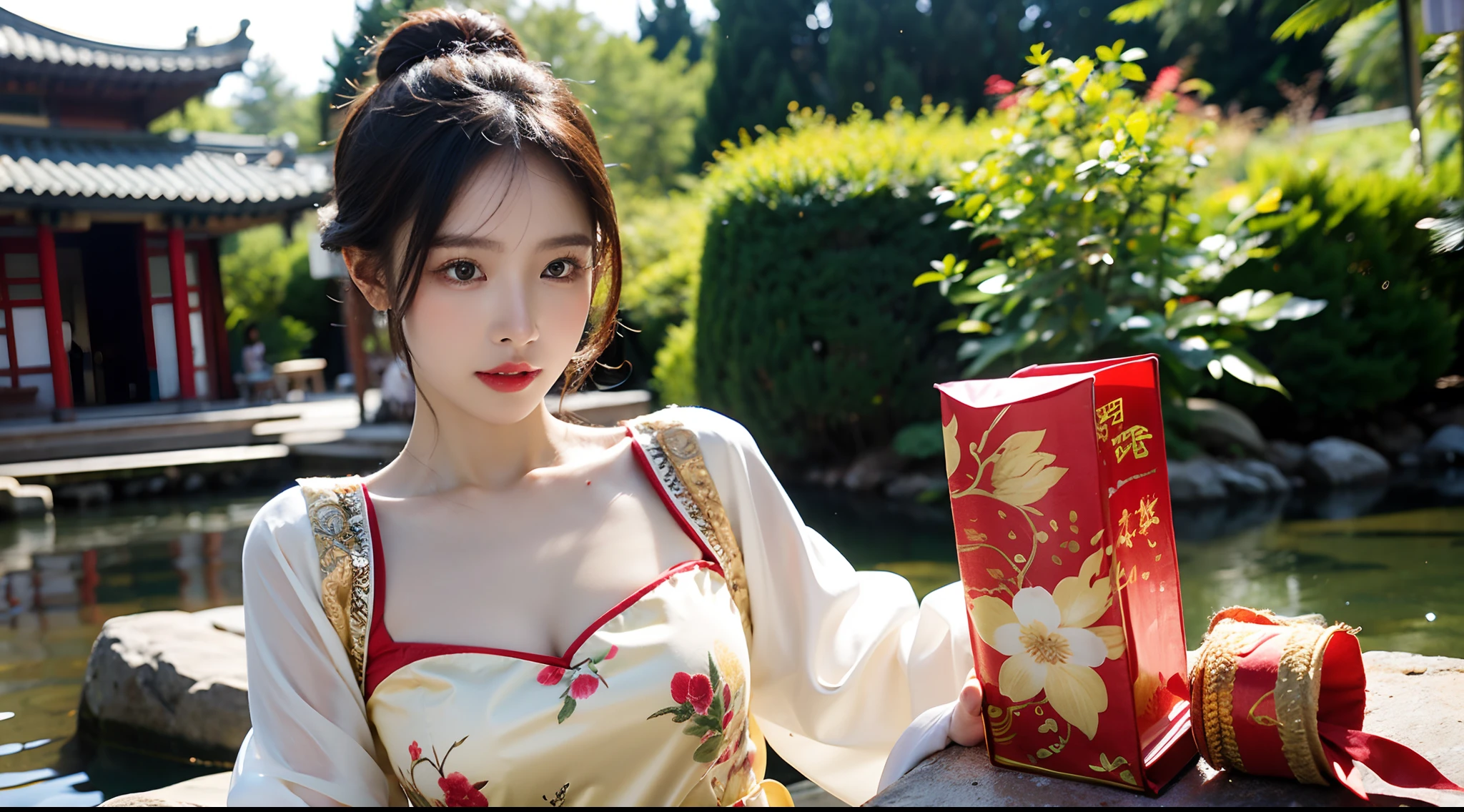 (A half body，Close-up，closeup cleavage)，Arakfi Asian woman sitting in chair，Wearing a green and gold dress, (outside,hot onsen，florals，grassy，nevando） ， A girl in Hanfu, Hanfu, Cheongsam, with acient chinese clothes, Traditional beauty, Traditional Chinese clothing, Wearing ancient Chinese clothes, Chinese style, Chinese dress, Chinese costume, Chinese traditional, Chinese girl, wearing ornate silk clothes，Redlip,（solo person）