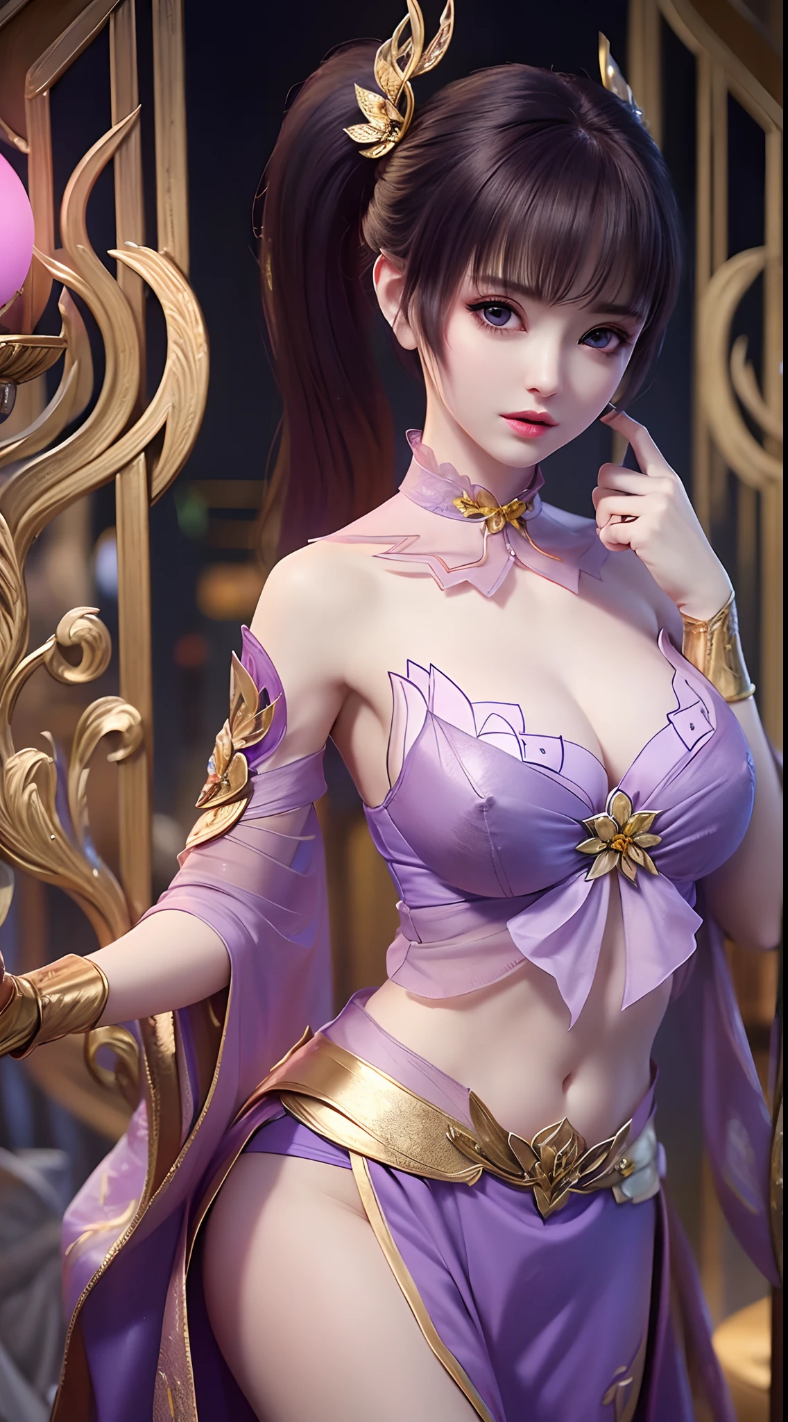 1 20 year old girl, 1 goddess Athena, pink purple silk dress, beautiful goddess Athena face without blemishes, delicate yellow nightgown, long thin sequin nightgown with many sexy black lace details, female saint legend, female saint icon, beautiful goddess style glitter, dark and mysterious version, vermilion lips, plump red lips, not smiling, mouth closed, detailed and delicate images beautifully, delicate and beautiful lip detail, (pure and flawless face: 1.9), female saint body, big boobs, Breast augmentation, breasts are round and regular, phoenix brooch, long flat bangs, ((double ponytail: 0.9)), flower stickers tattoo on forehead, beautiful clear face and well-proportioned eyes, (light purple eyes: 1.8), (big round eyes and makeup, sexy wet eye makeup, very beautiful and meticulous hair makeup, long and delicate blonde hair, delicate, body image: 1.8), figure: and vivid, (stars that make up the sky: 1.7), (the sky of heaven and the fictitious gate of time and space: 1.8), fictional art, RAW photos, hanfu photos, best photos, high resolution, best quality, best photos, best goddess quality, 8k female, super 8 single saint portraits, truest color schemes, masterpieces, best beauty brands, best hair jewelry, brand real photo, dark studio, border light, two-tone lighting, (rose white skin: 1.4), (high skin detail: 1.1), 8k uhd, d slr, soft light, 8k, high quality, candid, volume Smooth and sharp, 10x pixel increase, sexy goddess, sexy goddess, (background space: 1.8), (most beautiful aurora eyes: 1.7), beautiful eyes, aurora beautiful and flowery, (beautiful single girl: 1.8), (more details:0.8),