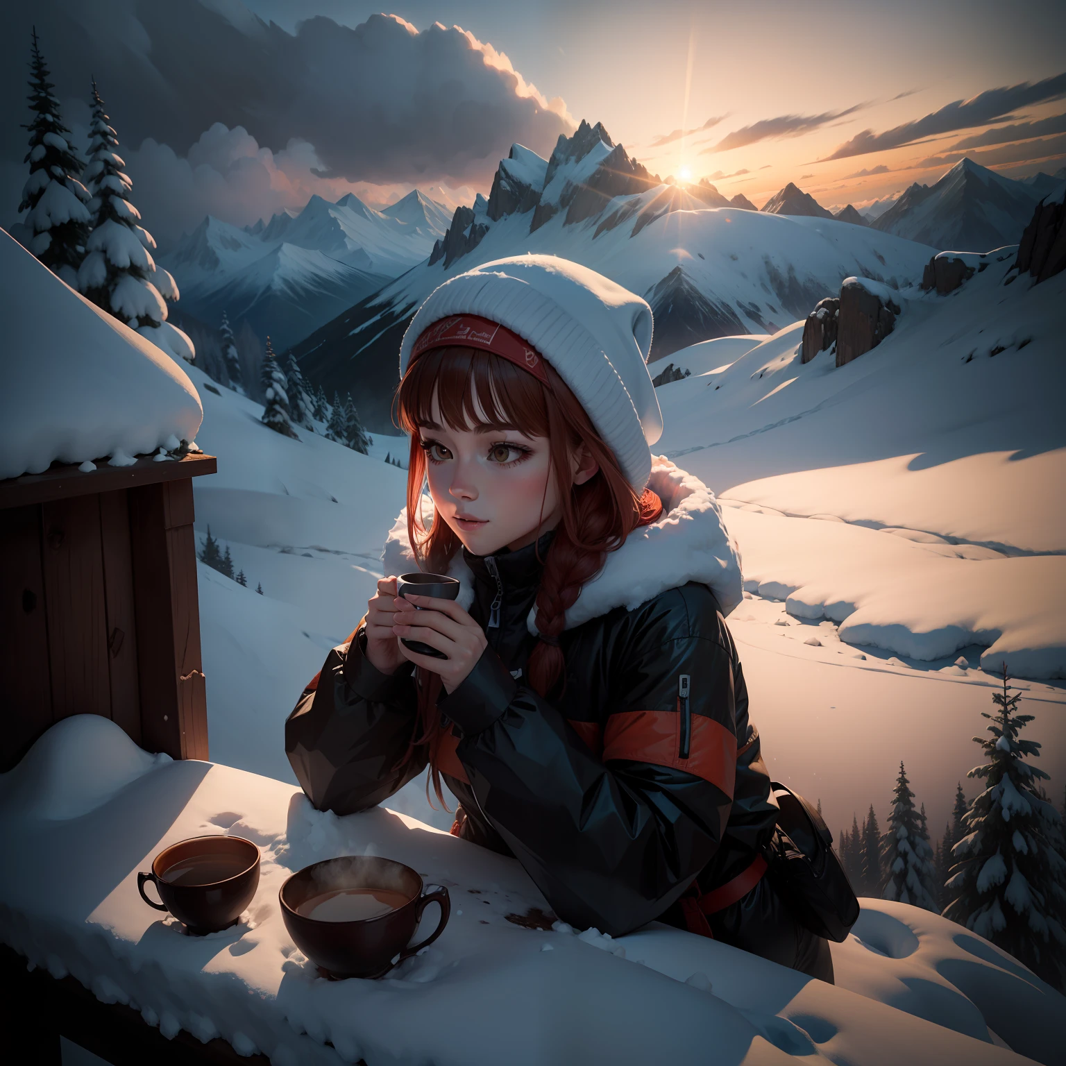 Night time, 8k, a girl drinking tea on top of a mountain filled with snow