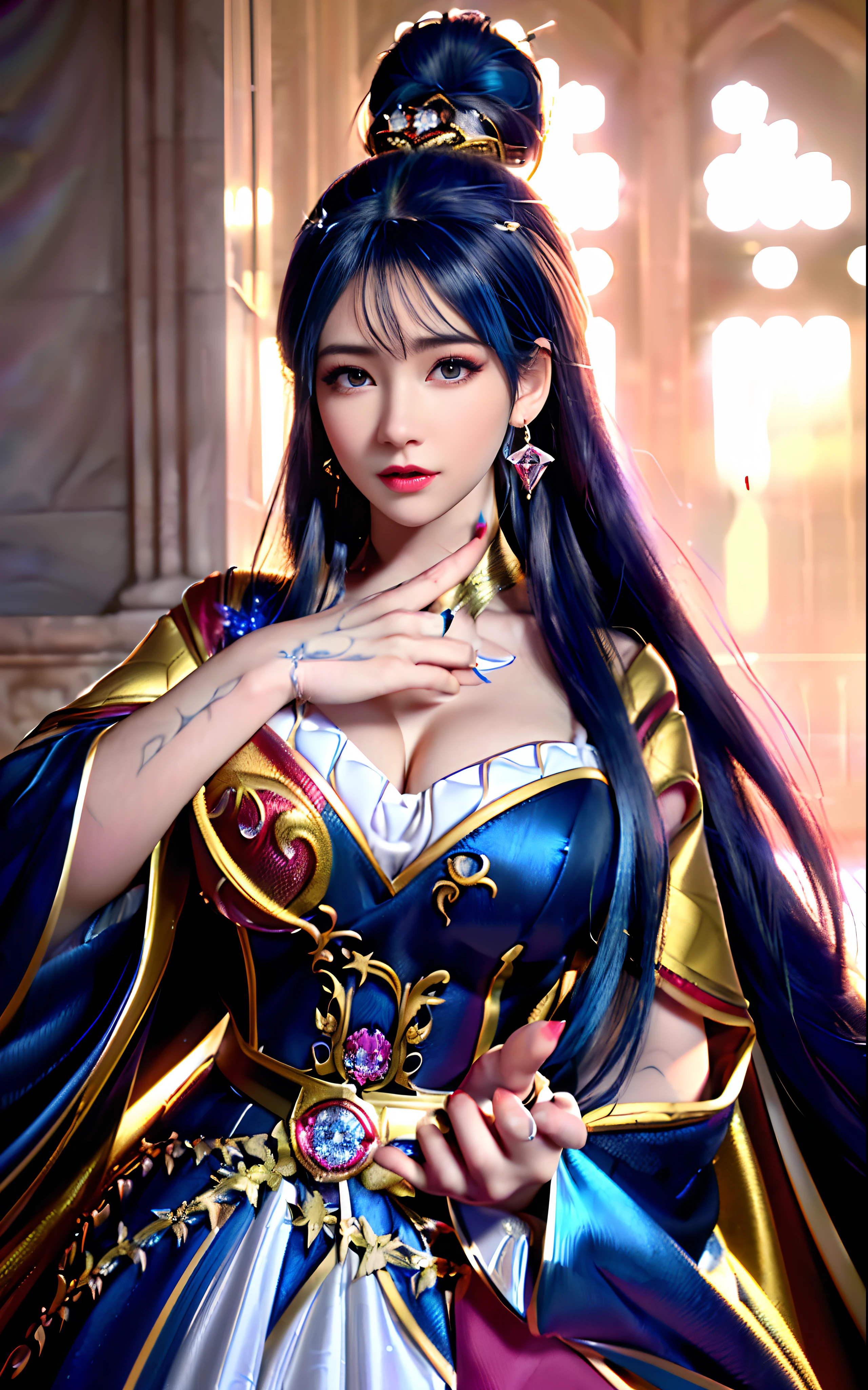 ((realisticity: 1.2)), ((realistic: 8K UHD)), ((best resolution: 8K UHD)), hyper detailed, best quality,masterpiece,highres,cg, ((1 girl hyper detailed and hyper realistic) ) , ((beautiful queen, hyper realistic and hyper detailed)),((white skin, beautiful, smooth, youthful, hyper realistic and hyper detailed )), ((Face hyper beautiful, white, hyper realistic and hyper detailed ) ), long hair, ((hyper realistic and hyper detailed dress)), solo, ((hyper realistic, hyper beautiful, beautiful and hyper detailed jewelry)), ((hyper beautiful deep red and golden yellow dress, hyper realistic and hyper detailed )) , ((Her pretty, hyper realistic, hyper detailed diamond filled earrings)), ((Her gorgeous diamond haircut, hyper realistic and hyper detailed)), ((hyper pretty upper body, hyper beautiful, hyper realistic and hyper detailed) ), ((medium breast: 1.1)), ((hyper realistic, hyper pretty, hyper detailed boobs)), ((the backgroun of the royal palace is hyper majestic, hyper realistic and hyper detailed)),((hands and palms hyper beautiful, hyper detailed, hyper realistic)), ((hyper detailed and hyper realistic fingers and fingernails)), ((hyper pretty fingernails, hyper vivid, hyper detailed, hyper realistic)), ((thumb, index finger, middle finger, ring finger, little finger hyper vivid, hyper pretty, hyper detailed, hyper realistic)),
((hyper beautiful fingers, hyper detailed, and hyper realistic)), ((posture not too fat and not too thin, hyper realistic, hyper detail)), ((hyper pretty, hyper pretty, hyper realistic and hyper detailed hair bun)), ((hyper pretty , hyper realistic and hyper detailed blue hair)), candid, Photo, high resolution, 8k , bokeh,