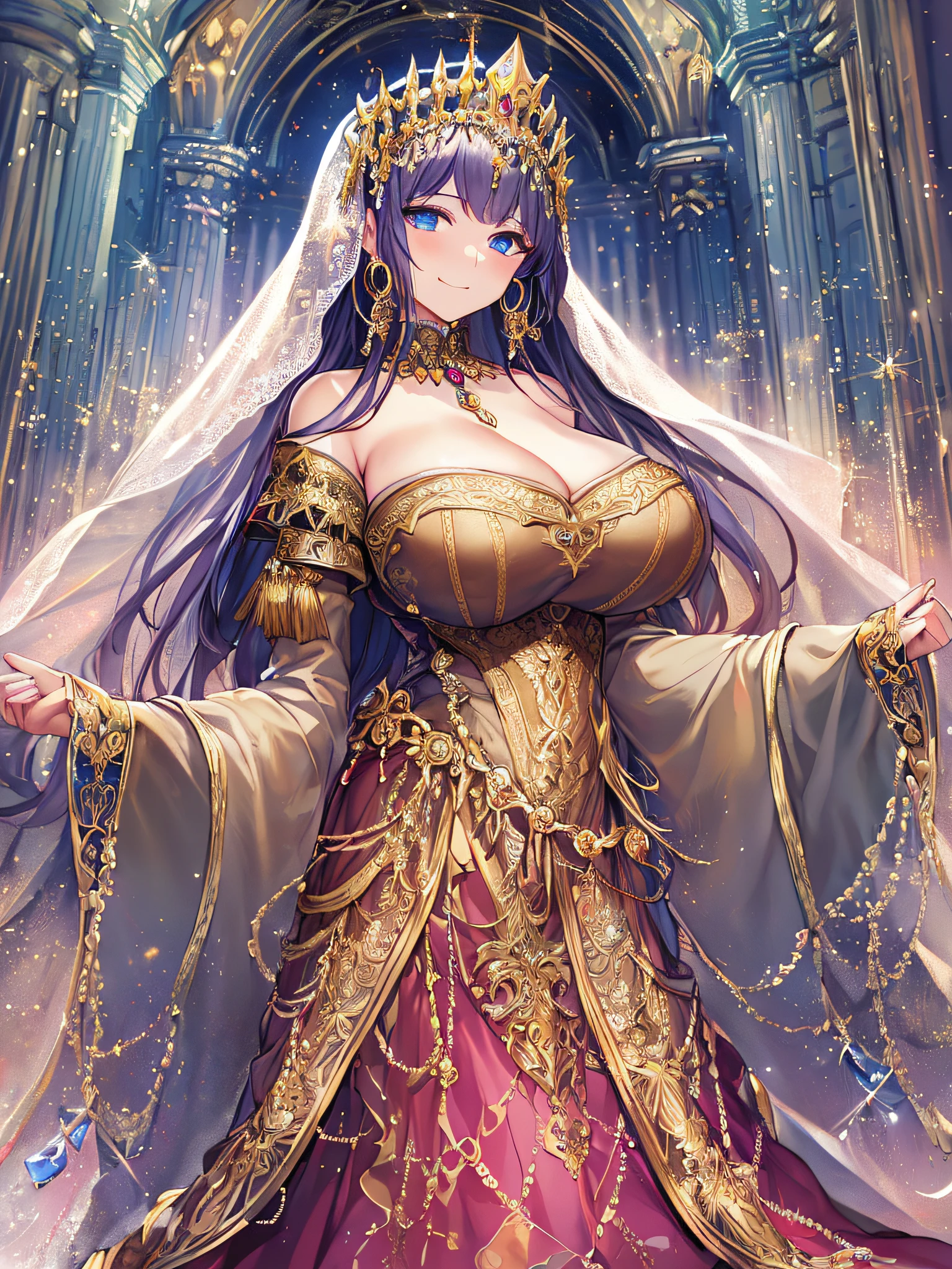 (anime artstyle),((Masterpiece,Best Quality,Super Detail,Very Delicate and Beautiful)),Solo,((full body,standing picture)),standing in the sacred cathedral,((Sacred atmosphere)),((1 Holy High Priestess in beautiful embroidery and jeweled gorgeous rococo princess ballgown dress with voluminous full length hoop skirt)),(crinoline),gorgeousfull embroidery,(gorgeous gemstone jewelry),(detailed face and eyes),jewel-like eyes,smile,((large amount of straight hair,extremely Long voluminous Hair)),Sacred Veil,((gigantic tits,Long tits,skindentation)),gorgeousfull embroidery,cleavage,extremely gorgeousfull hair ornament,(bling-bling extremely gorgeousfull jeweled tiara),gorgeous corsage,Stained glass,(Dynamic Angle),Looking at viewer,((full body)),((beautiful embroidery and jeweled gorgeous rococo princess ballgown dress with voluminous full length hoop skirt))