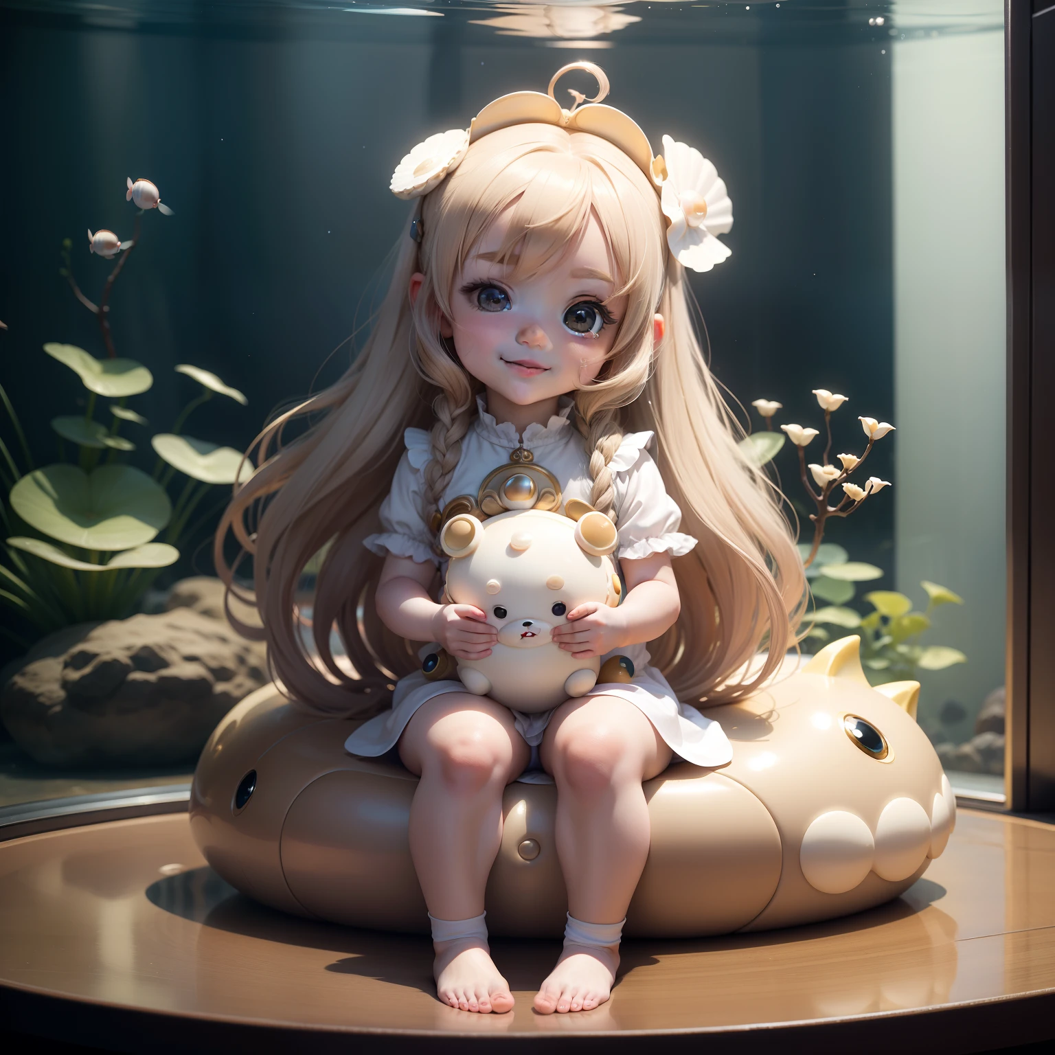 Cute Chibi Anime,Venus,The best smile,Sit on scallops,Pearl beige long sauvage hair,Royal Aquarium.