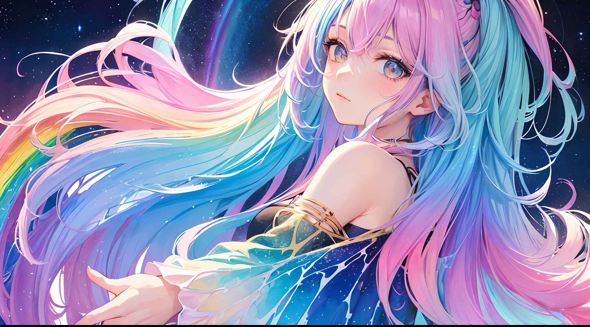 (masterpiece, top quality, best quality,watercolor (medium),official art, beautiful and aesthetic:1.2),(1girl:1.3), (fractal art:1.3),upper body, from side, looking at viewer,patterns,(rainbow color Hair,colorful hair,half blue and half pink hair:1.2),water,liquid, cloud,colorful, starry,stars,