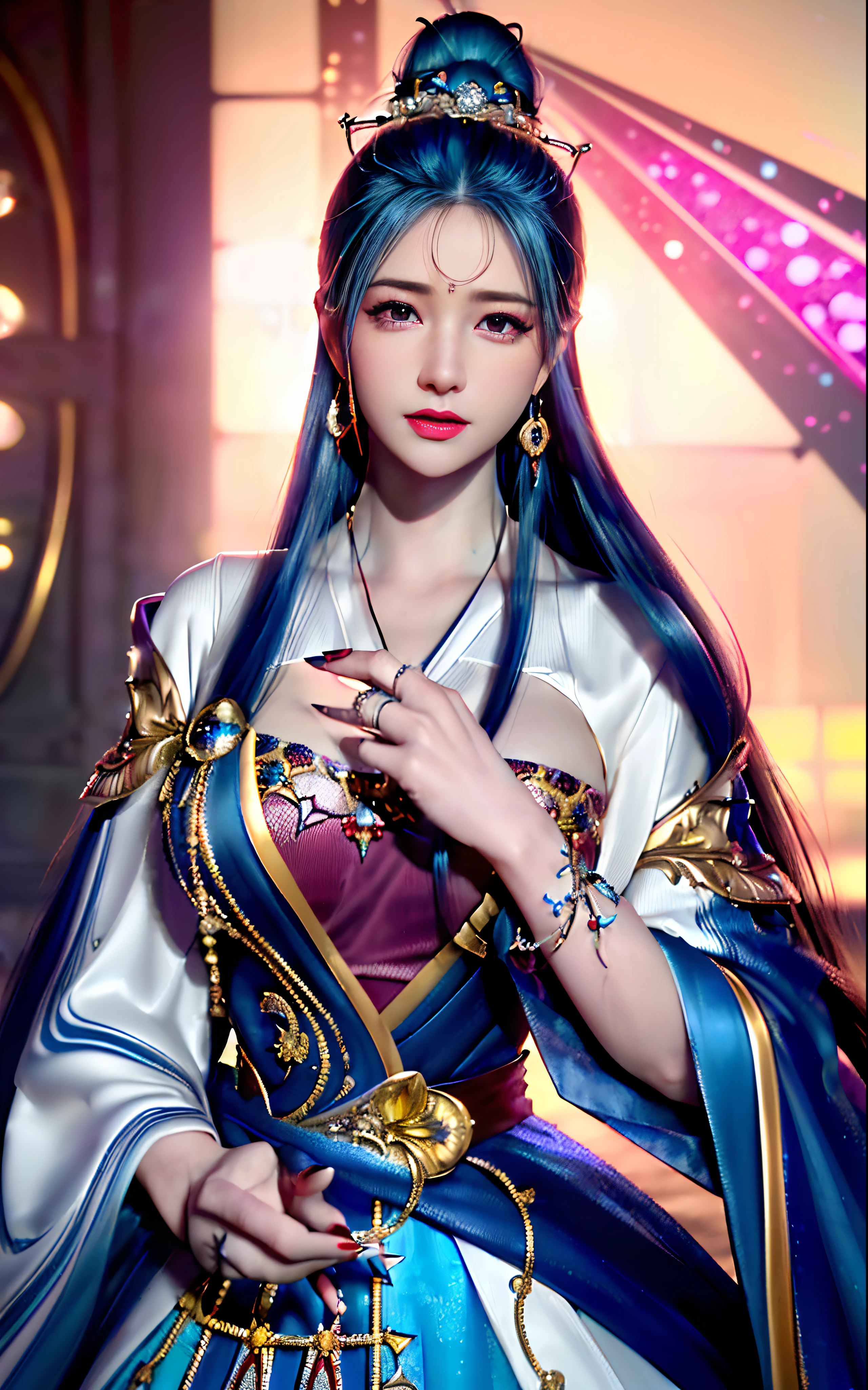 ((realisticity: 1.2)), ((realistic: 8K UHD)), ((best resolution: 8K UHD)), hyper detailed, best quality,masterpiece,highres,cg, ((1 girl hyper detailed and hyper realistic) ) , ((beautiful queen, hyper realistic and hyper detailed)),((white skin, beautiful, smooth, youthful, hyper realistic and hyper detailed )), ((Face hyper beautiful, white, hyper realistic and hyper detailed ) ), long hair, ((hyper realistic and hyper detailed dress)), solo, ((hyper realistic, hyper beautiful, beautiful and hyper detailed jewelry)), ((hyper beautiful deep red and golden yellow dress, hyper realistic and hyper detailed )) , ((Her pretty, hyper realistic, hyper detailed diamond filled earrings)), ((Her gorgeous diamond haircut, hyper realistic and hyper detailed)), ((hyper pretty upper body, hyper beautiful, hyper realistic and hyper detailed) ), ((medium breast: 1.1)), ((hyper realistic, hyper pretty, hyper detailed boobs)), ((the backgroun of the royal palace is hyper majestic, hyper realistic and hyper detailed)),((hands and palms hyper beautiful, hyper detailed, hyper realistic)), ((hyper detailed and hyper realistic fingers and fingernails)), ((hyper pretty fingernails, hyper vivid, hyper detailed, hyper realistic)), ((thumb, index finger, middle finger, ring finger, little finger hyper vivid, hyper pretty, hyper detailed, hyper realistic)),
((hyper beautiful fingers, hyper detailed, and hyper realistic)), ((posture not too fat and not too thin, hyper realistic, hyper detail)), ((hyper pretty, hyper pretty, hyper realistic and hyper detailed hair bun)), ((hyper pretty , hyper realistic and hyper detailed blue hair)), candid, Photo, high resolution, 8k , bokeh,