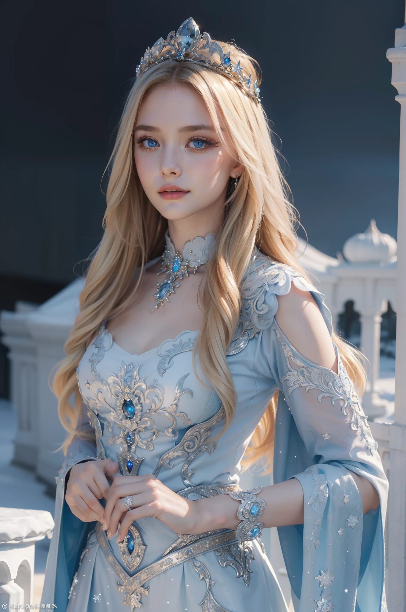 ((top-quality、​masterpiece、photographrealistic:1.4、8K))、a very beautiful woman、18year old、a blond、extremely detailed eye and face、beatiful detailed eyes、ice queen、（Fantastic blue dress in medieval European style）、Luxury accessories、graceful face、（Depict an ice queen walking gracefully inside an ice palace。In her hand was an ice wand.、The palace is full of silence and magical power.。）、Beautiful lighting、Textured skin、Super Detail、high detailing、High quality、hight resolution、（looking at the viewers）、europian、beautiful snowflakes、Beautiful ice sculptures