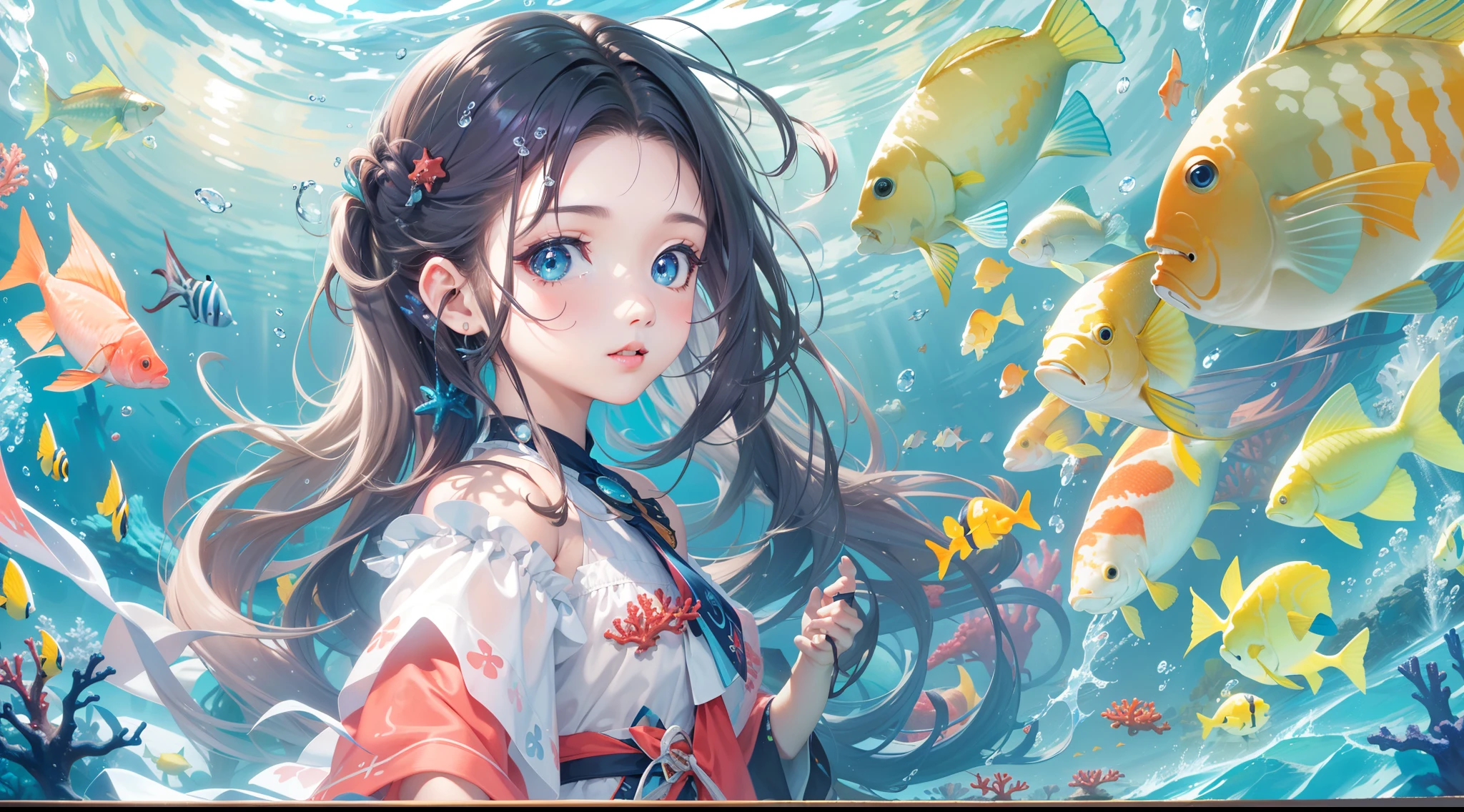Anime girl in bikini with fish and fish tail, In the sea, In the ocean, wallpaper anime blue water, Splash art anime Loli, Rem Rezero, Anime girl walking on water, trending on artstation pixiv, Have by the sea, Pisif, In the water, Swim in the ocean, goddess of the sea, rimuru tempest, Ayaka Kamisato, Raised sexy, Cute 1 girl, (独奏:1.3), (flatchest:1.2), double-ponytail, stocklings, delicated face, exquisite facial features, (from below:0.5), Fashionab, with dynamism, garments, posing on a, frontage, rich colourful, dyna, Background with, element in, self-assured, Expressing the, statement, fittings, A majestic, coil, Runt, Scenes, Cover of a, boldness, attention-grabbing, Fashionab, typeface, Catchy, attention-grabbing, modern day, Fashionab, focal, Fashionab, Surrealism, anime style, Romanticism, high detail, god rays, sparkle, UHD, masterpiece, super detail, high details, high quality, award winning, best quality, award winning, high details, high quality, super detail, UHD, 16k