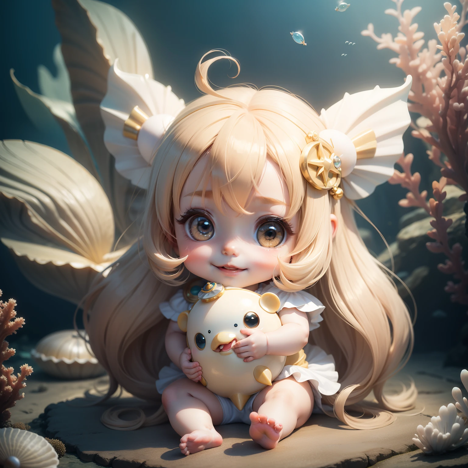 Cute  Chibi Anime,Venus,The best smile,Sit on scallops,Pearl beige long sauvage hair,Royal Aquarium.