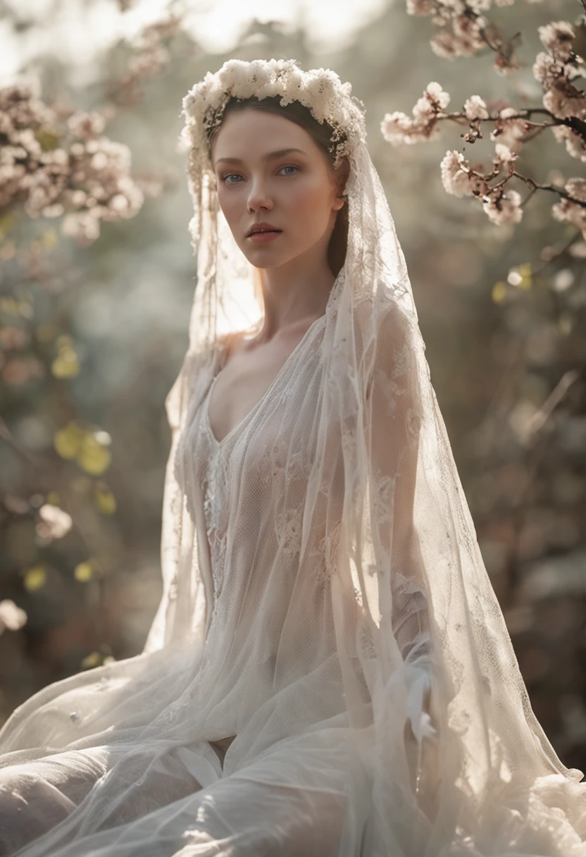 There is a woman in a white dress and veil posing for a photo, pale milky white porcelain skin, Guviz, Translucent white skin, Smooth translucent white skin, White bra, light yarn, White lace, Milky white skin, ((Mist)), Lingerie, (Ethereal), Very ethereal, pale snow-white skin, White veil, chest plate ) ) ), soft outline,Dew 1/2 chests,beautiful fantasy maiden,cute elegant pose,