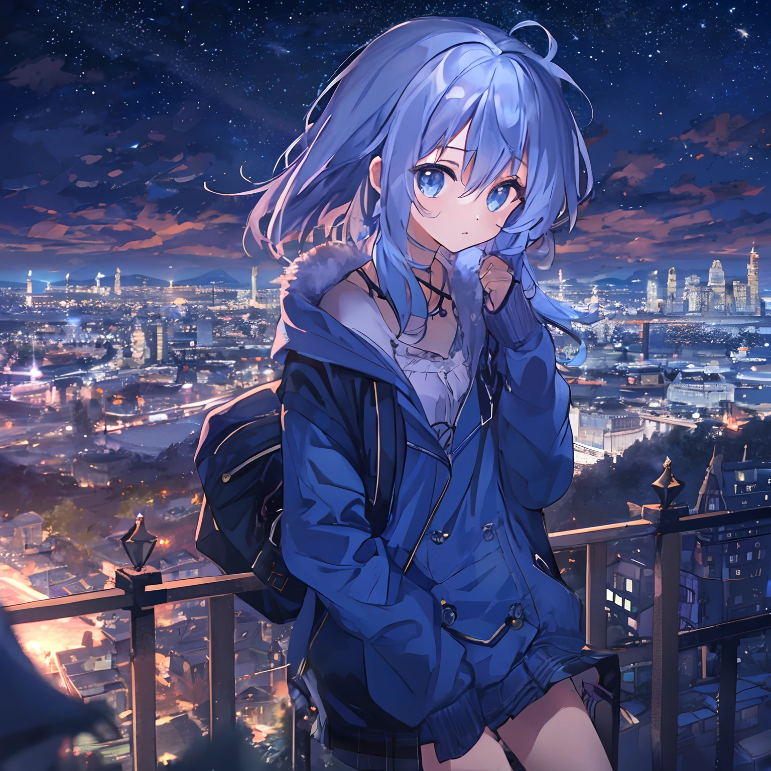 absurderes, hight resolution, (Anime style:1.1), ((masutepiece)), ((Best Quality)), (Ultra-detailed), (Beautiful), 独奏, Beautiful face、(liftup),Cute girl standing on mountain with beautiful view of night view of delicate city at night,Wind,Light blue hair, Blue eyes,Casual clothing,Laugh,Looking at Viewer,Lens Flare,Dramatic,Looking in the direction of the night view、Don't look here