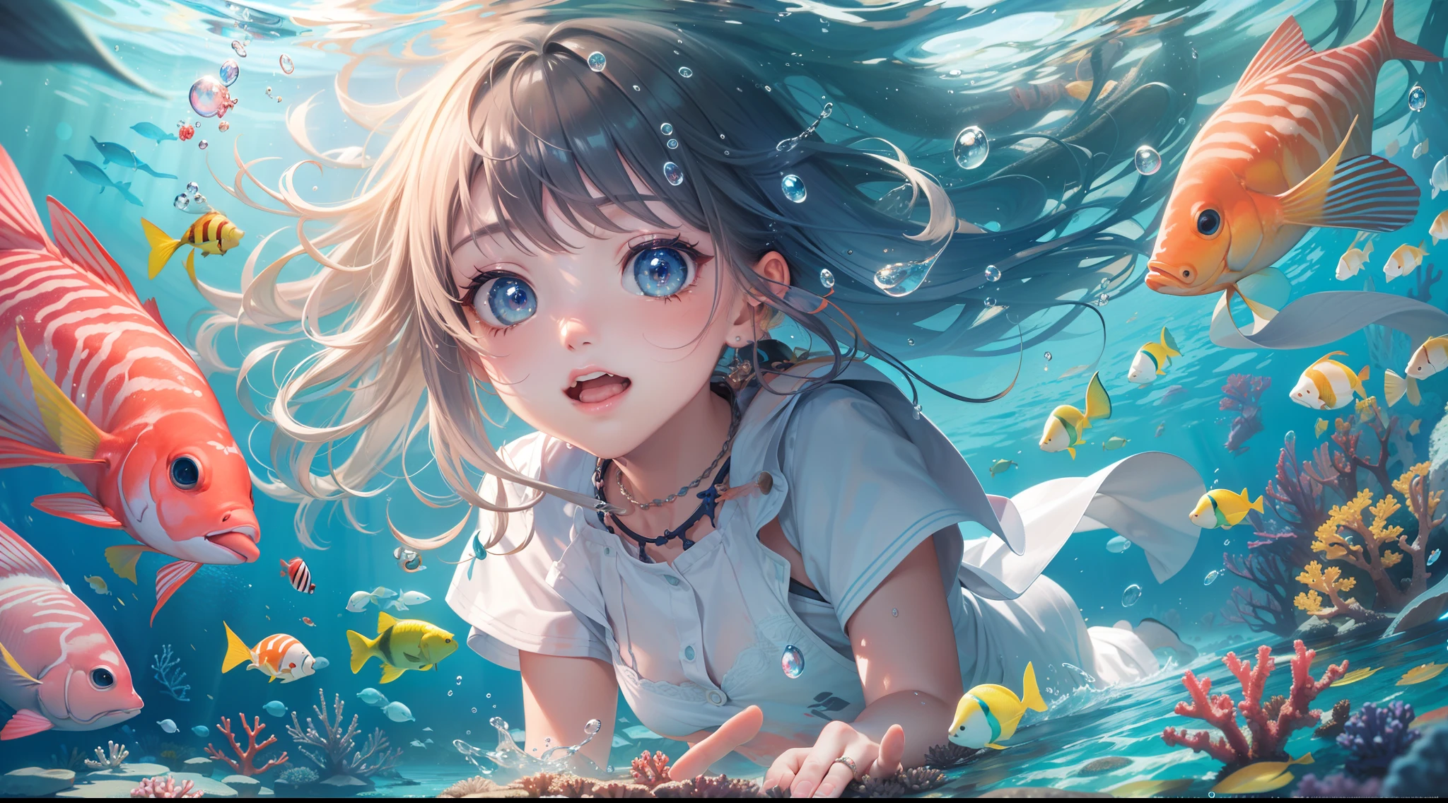 （tmasterpiece）（A high resolution）（8k）A colorful underwater world，(ocean floor、Marine life、Beautiful coral reef、The fish),Messy painting style，A girl's hair flows in water，pupils sparkling，Beautiful scene，super detail