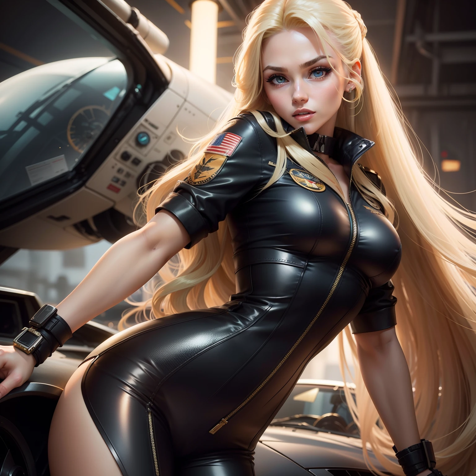 Sexy woman with outstanding style dressed as Top Gun with long blonde color hair and big eyes with long lashes