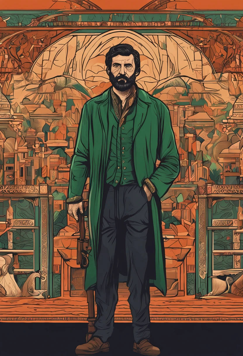 25 age old,Stoic man with short black hair, Green eyes and short beard, Driss as a merchant of the time, Find purpose in life