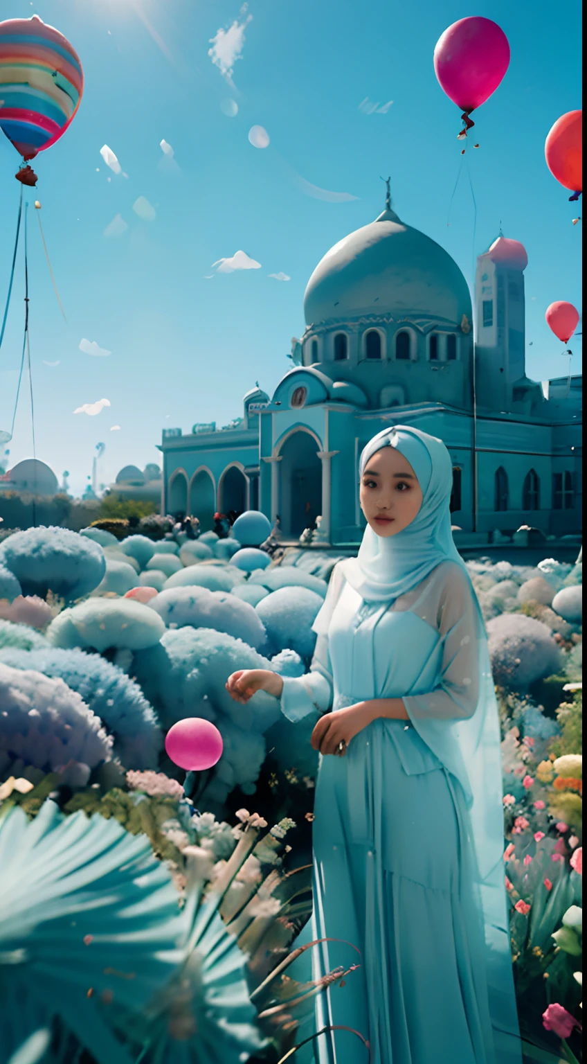 There is a poster,malay women, wear hijab, modest dress, Light blue sky background,((Number 8)),Crystal number 8,Transparent number 8,Pass through the streamer of the number 8,Balloon vibe,beauty campaign, bubbly scenery, 8K,Bright style,Delicate,tmasterpiece,photorealestic,High quality detailing,Exceptional detail