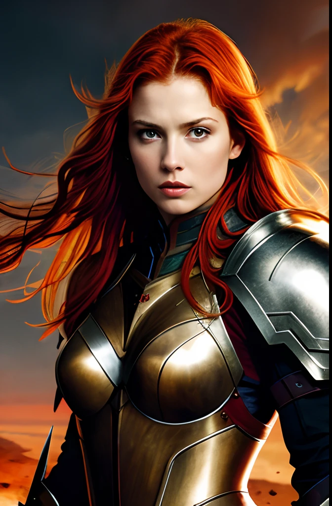 Masterpiece, a beautiful red haired warrior wqueen wearing sexy armor, (Michelle Pfeiffer:Karen Gillan:0.5), strong athletic body, medium breasts, (skin texture:1.1), best quality, ultra high res, digital art, realisitc, fierce expression