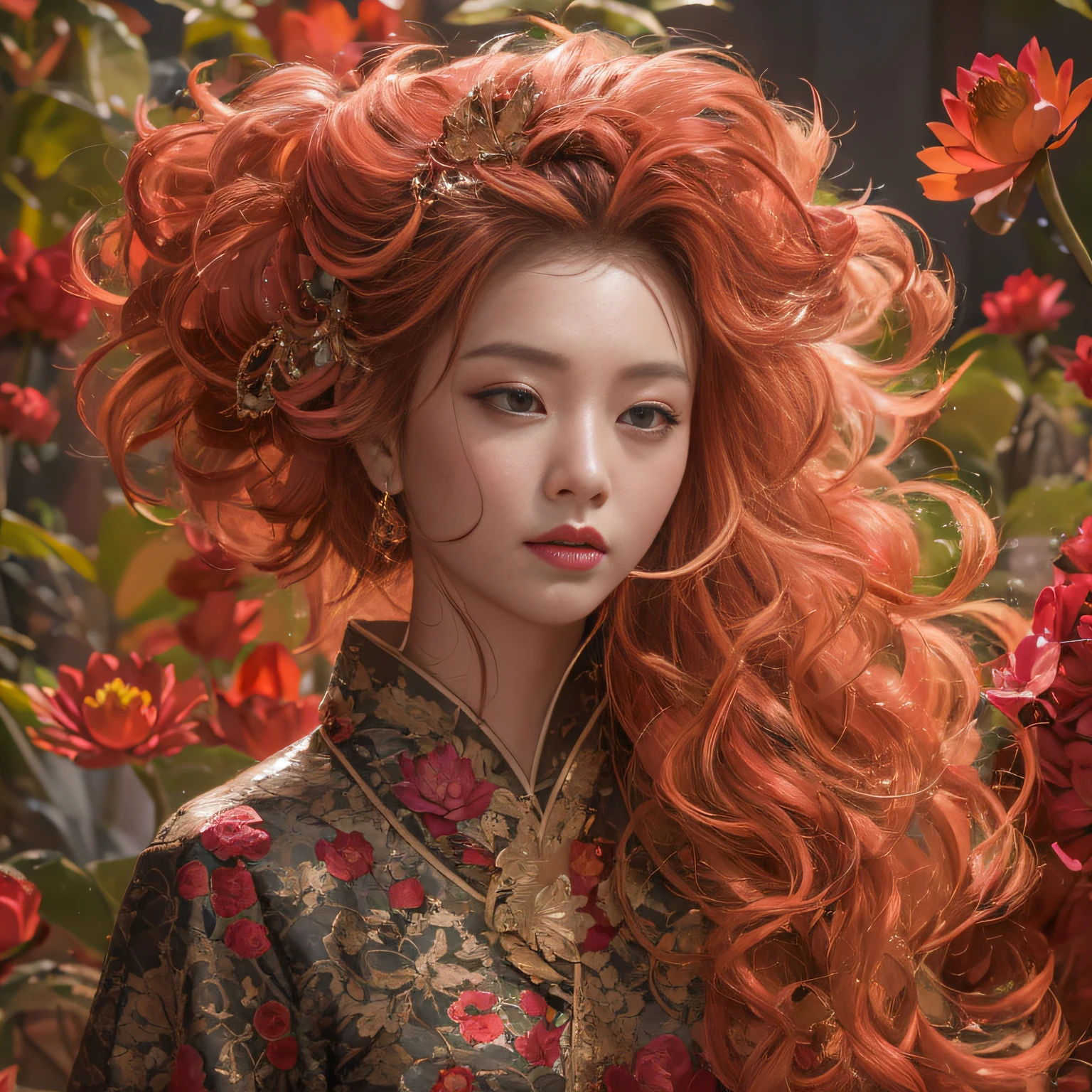 32K(tmasterpiece,k hd,hyper HD,32K)Large curls,Flowing rouge,ponds,zydink, a color, Asian people (Silly girl), (Silk scarf), Combat posture, looking at the ground, Large rolls of rouge, Flowing rouge curls, Crocodile leather tiara, Chinese long-sleeved clothing, (abstract ink splash:1.2), Pink lotus background,Water lily flower protector(realisticlying:1.4),Rouge hair,Autumn is in full swing,The background is pure, A high resolution, the detail, RAW photogr, Sharp Re, Nikon D850 Film Stock Photo by Jefferies Lee 4 Kodak Portra 400 Camera F1.6 shots, Rich colors, ultra-realistic vivid textures, Dramatic lighting, Unreal Engine Art Station Trend, cinestir 800,Large curls,Flowing rouge