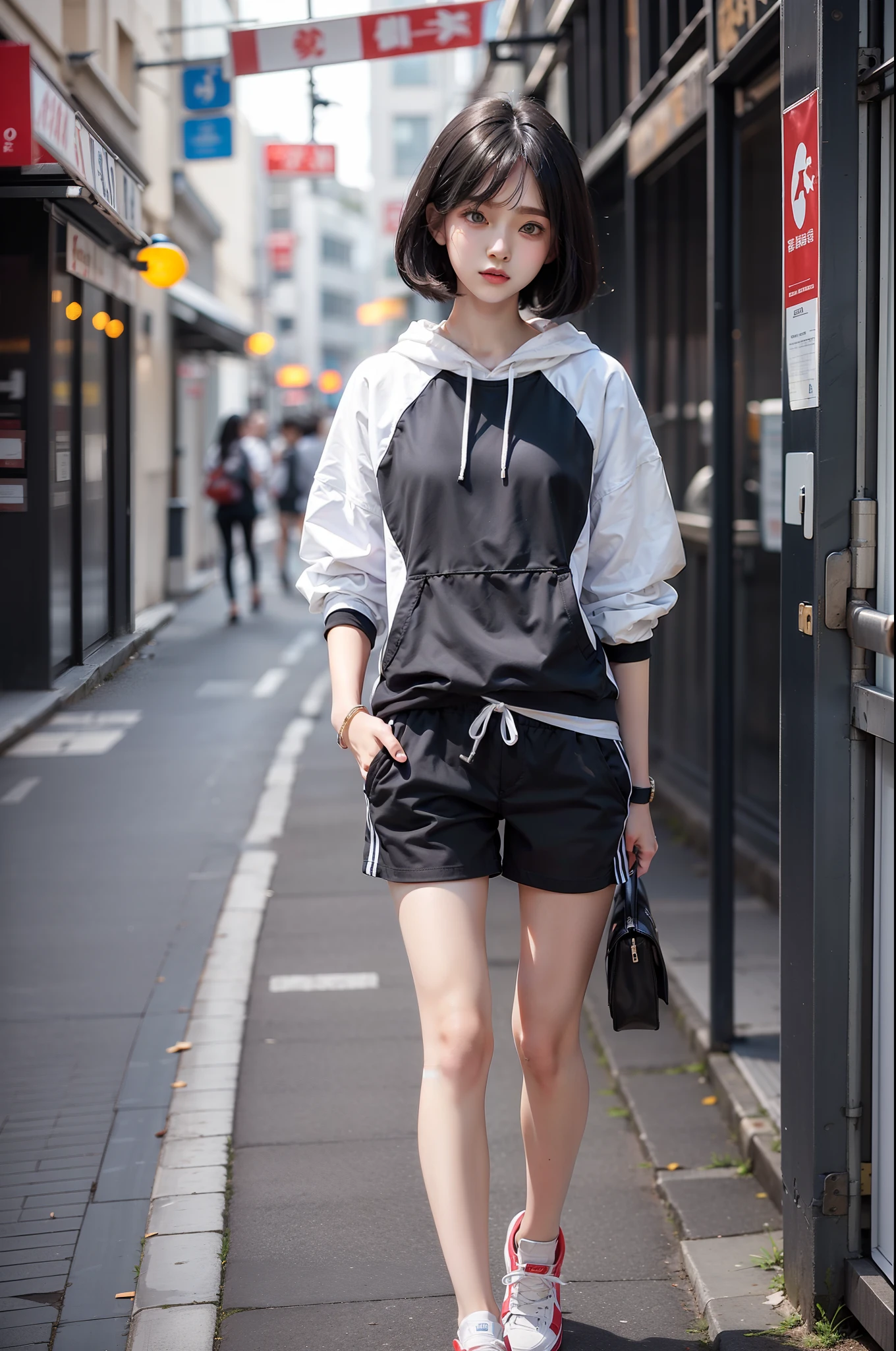 1girll,18 years old,(full-body view),((((very beautiful long slim legs)))),with short black hair,Summer sportswear,Cool,(shorter pants),AJ shoes。