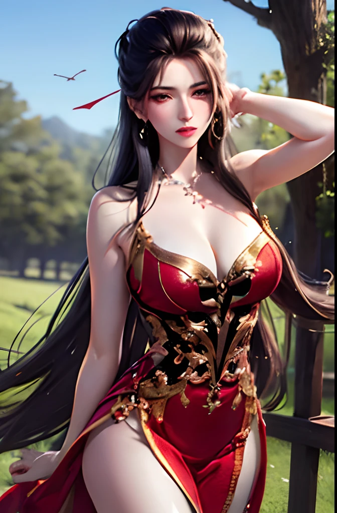 unparalleled masterpiece, ultra realistic 8k CG, perfect artwork, ((perfect female figure)), narrow waist, looking at viewer, seductive posture, sexy pose, alluring, clean, beautiful face, pure face, pale skin, absurdly long hair, shiny skin, skindentation, delicate pattern, intricate detail, gorgeous, luxury,
1girl,solo,outdoors,large breasts,blush, naughty face, legs, realistic,skindentation,tree,forest, standing,
ylj,red dress, bare shoulders, hair ornament,