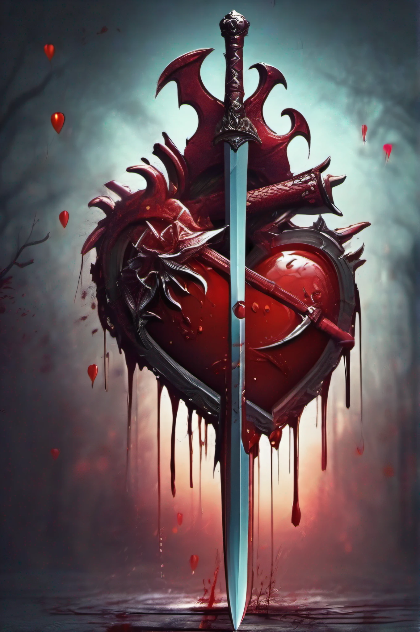 Create a heart with a sword in the middle, Blood dripping from the heart in cold colors