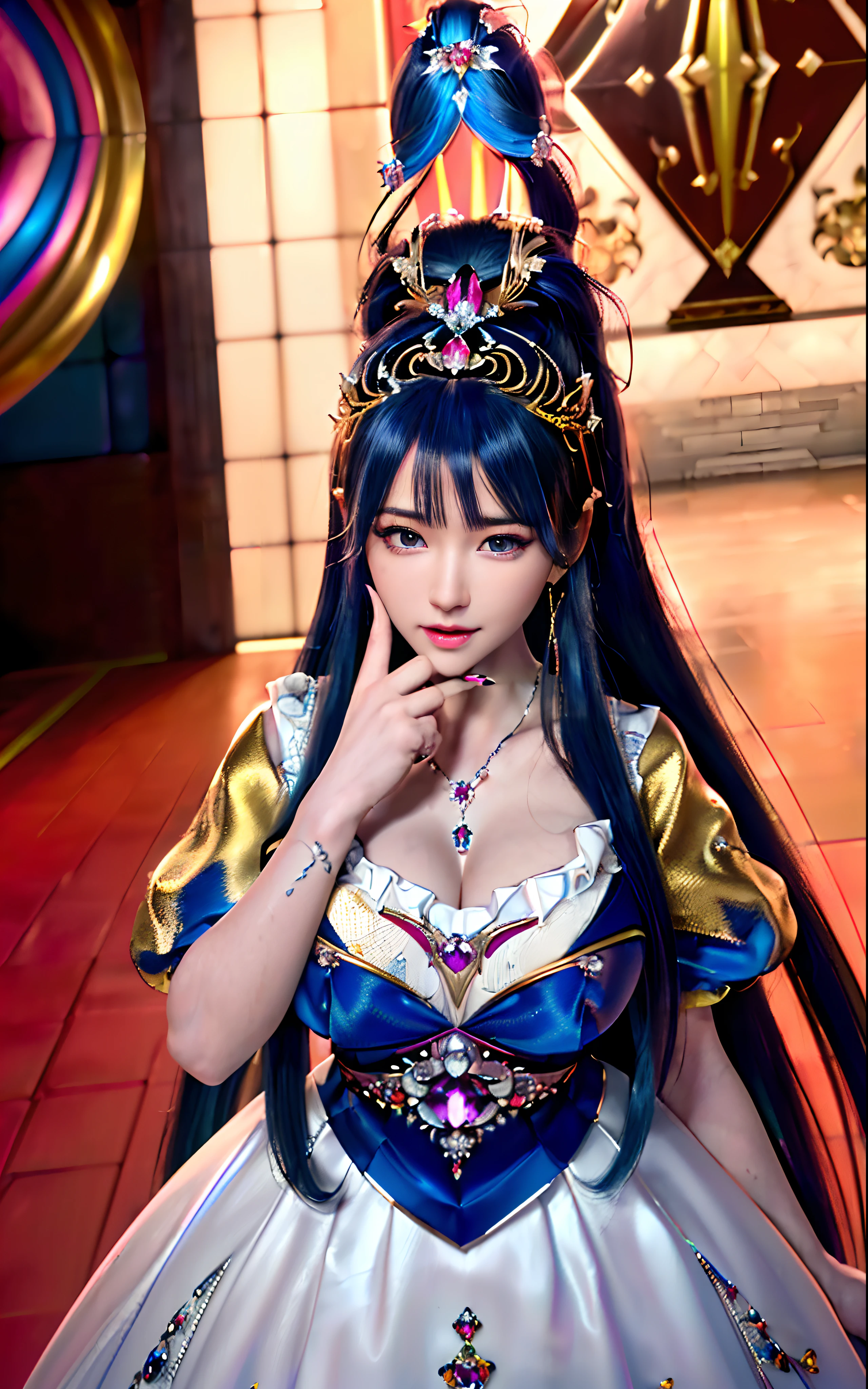 ((realisticity: 1.2)), ((realistic: 8K UHD)), ((best resolution: 8K UHD)), hyper detailed, best quality,masterpiece,highres,cg, ((1 girl hyper detailed and hyper realistic) ) , ((beautiful queen, hyper realistic and hyper detailed)),((white skin, beautiful, smooth, youthful, hyper realistic and hyper detailed )), ((Face hyper beautiful, white, hyper realistic and hyper detailed ) ), long hair, ((hyper realistic and hyper detailed dress)), solo, ((hyper realistic, hyper beautiful, beautiful and hyper detailed jewelry)), ((hyper beautiful deep red and golden yellow dress, hyper realistic and hyper detailed )) , ((Her pretty, hyper realistic, hyper detailed diamond filled earrings)), ((Her gorgeous diamond haircut, hyper realistic and hyper detailed)), ((hyper pretty upper body, hyper beautiful, hyper realistic and hyper detailed) ), ((medium breast: 1.5)), ((hyper realistic, hyper pretty, hyper detailed boobs)),   ((the backgroun of the royal palace is hyper majestic, hyper realistic and hyper detailed)),((hands and palms hyper beautiful, hyper detailed, hyper realistic)), ((fingers: pinky finger, index finger, ring finger, middle finger, and thumb hyper realistic, hyper detailed, hyper beautiful)), ((hyper pretty, hyper pretty, hyper realistic and hyper detailed hair bun)), ((hyper pretty , hyper realistic and hyper detailed blue hair)), candid, Photo, high resolution, 8k , bokeh,