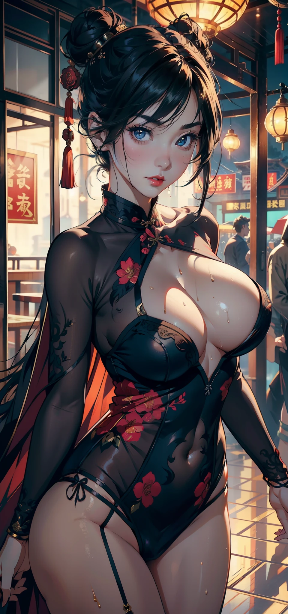 1female，36 years old，熟妇，mature，Bigchest，Big breasts Thin waist，long leges，Raised sexy，Pornographic exposure， 独奏，（Background with：Chinese restaurant） She has short black hair，standing on your feet，Sweat profusely，drenched all over the body，seen from the front， hair straight， mostly cloudy sky，（（（tmasterpiece），（Very detailed CG unity 8K wallpaper），best qualtiy，cinmatic lighting，detailed back ground，beatiful detailed eyes，Bright pupils，（Very fine and beautiful），（Beautiful and detailed eye description），Black eyes，Redlip，ultra - detailed，tmasterpiece，）），facing at camera，（The upper part of the body），A high resolution，ultra - detailed），revealing breasts，Bare genitalia，  Bulge，legs are open，sexyposture，Camel toes，Flushed complexion，Open-mouthed，frontage，Floral headdress，double bun hair（Wearing：Red cheongsam，gold thread embroidery，dynamicposes）